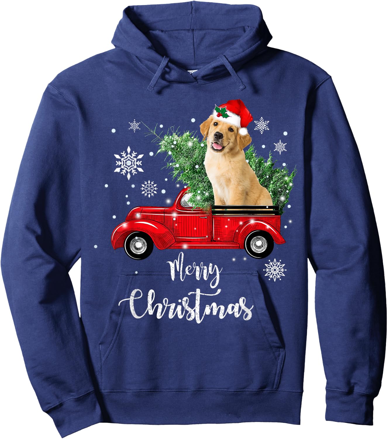 Red Truck Merry Christmas Tree Golden Retriever Christmas Hoodie - Hoodie | Navy