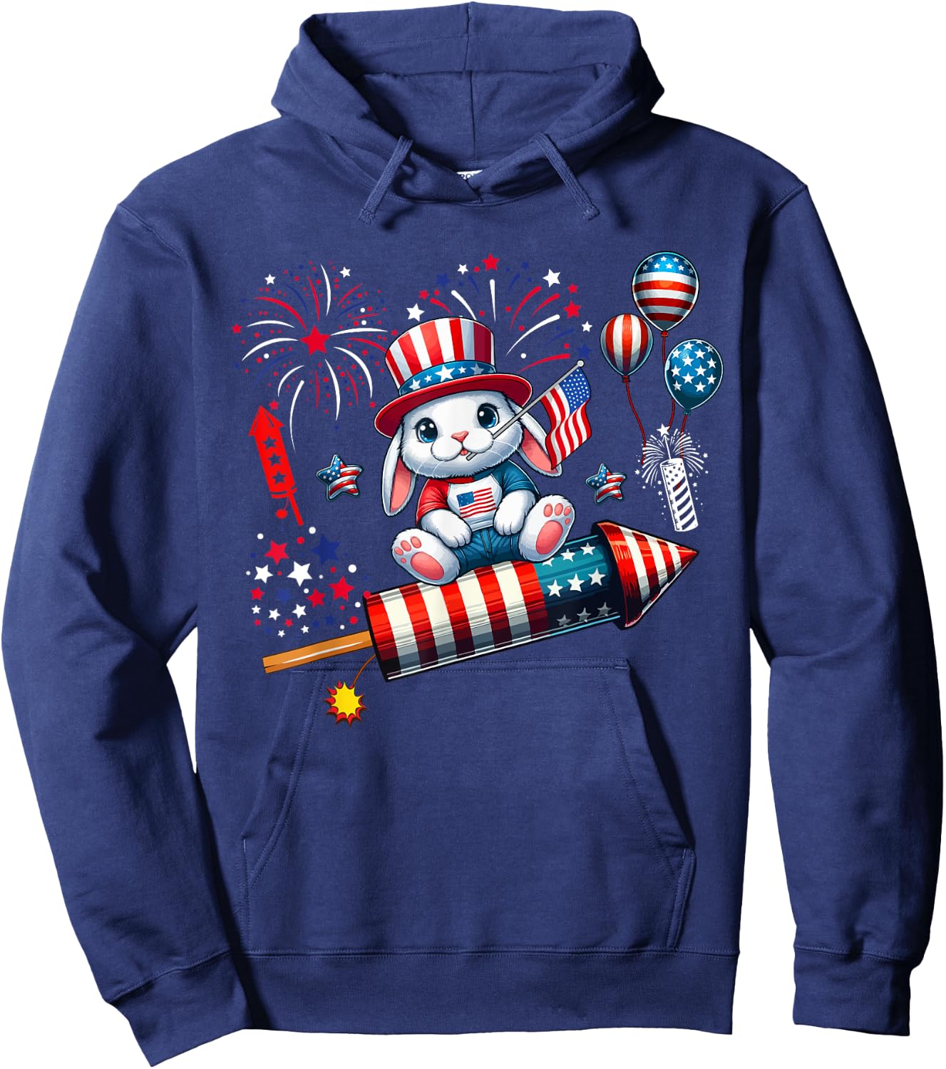 Rabbit Riding Firecracker US Flag 4th Of July Fireworks Women Kids Men Hoodie - Hoodie | Navy
