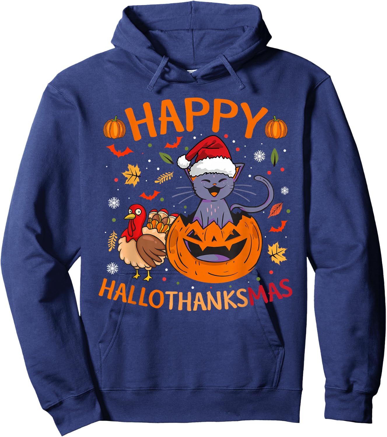 Halloween Thanksgiving Christmas Cat Turkey Hallothanksmas Hoodie - Hoodie | Navy