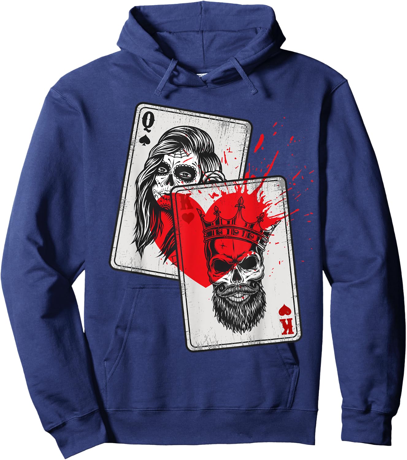King and Queen Skull and Catrina Playing Cards Couple Hoodie - Hoodie | Navy