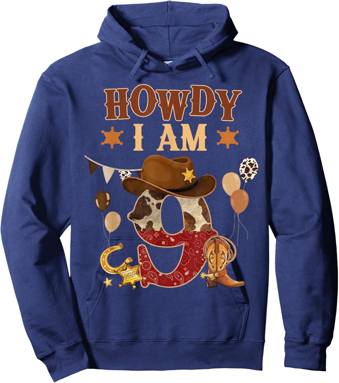 Howdy I'm 9 Western Cowboy 9th Birthday Boy Kids 9 Year Old Hoodie - Hoodie | Navy