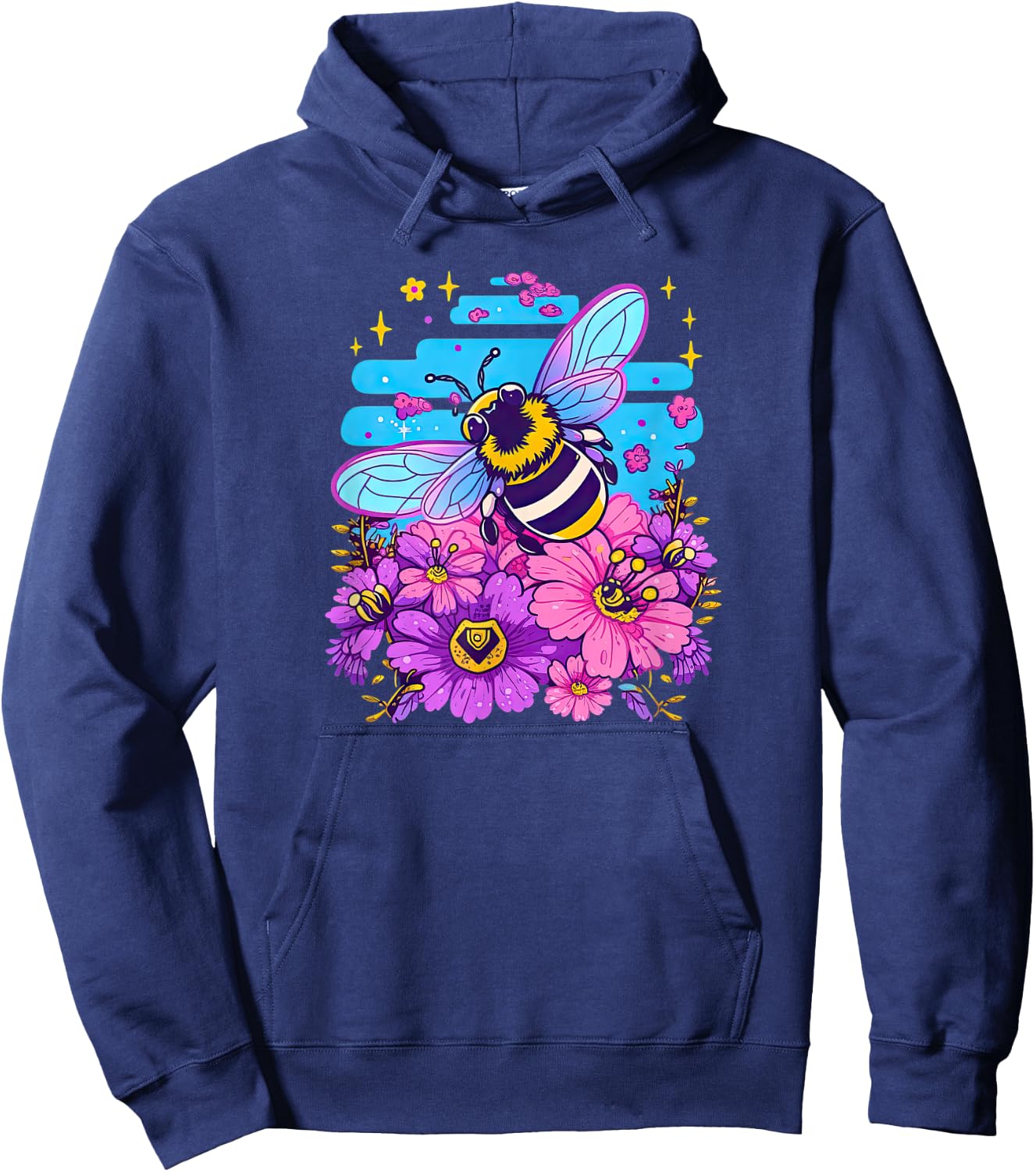 Super Cute Cartoon Bee and Flowers in Bubblegum Synthwave! Hoodie - Hoodie | Navy