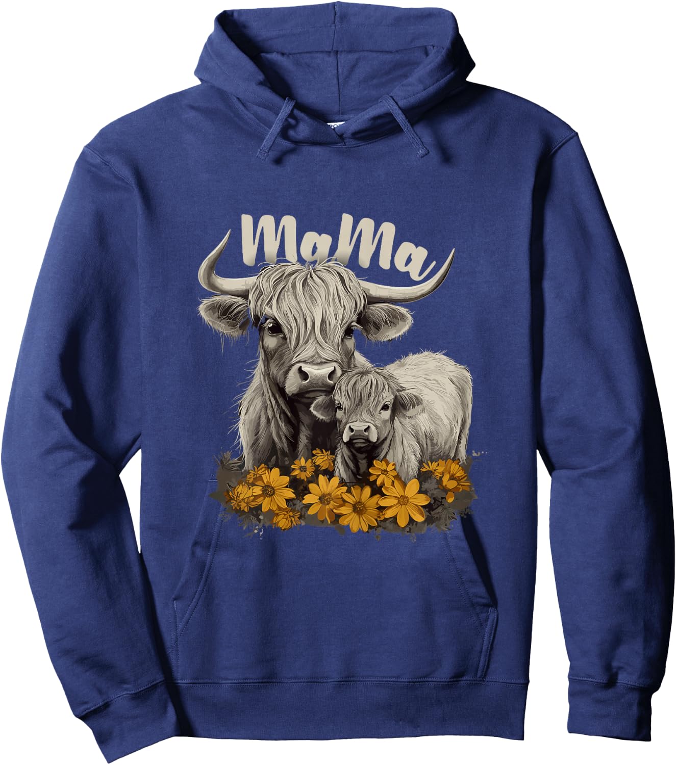 Cute Mama Highland Cow with Baby Calf Flower, Cool Animal Hoodie - Hoodie | Navy