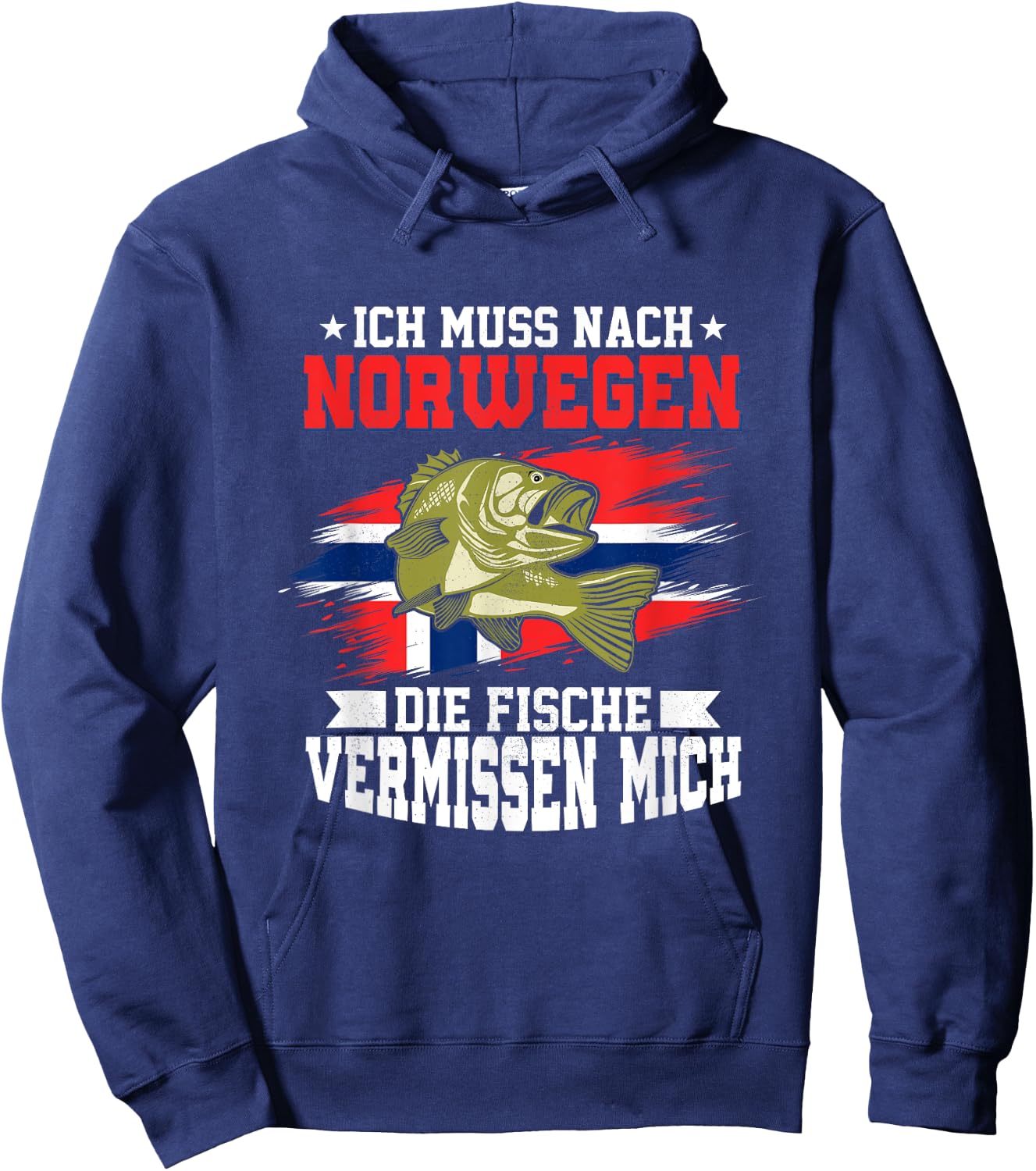with German Text "Ich muss nach Norwegia die Fische vermissen mich Angler, black Hoodie - Hoodie | Navy