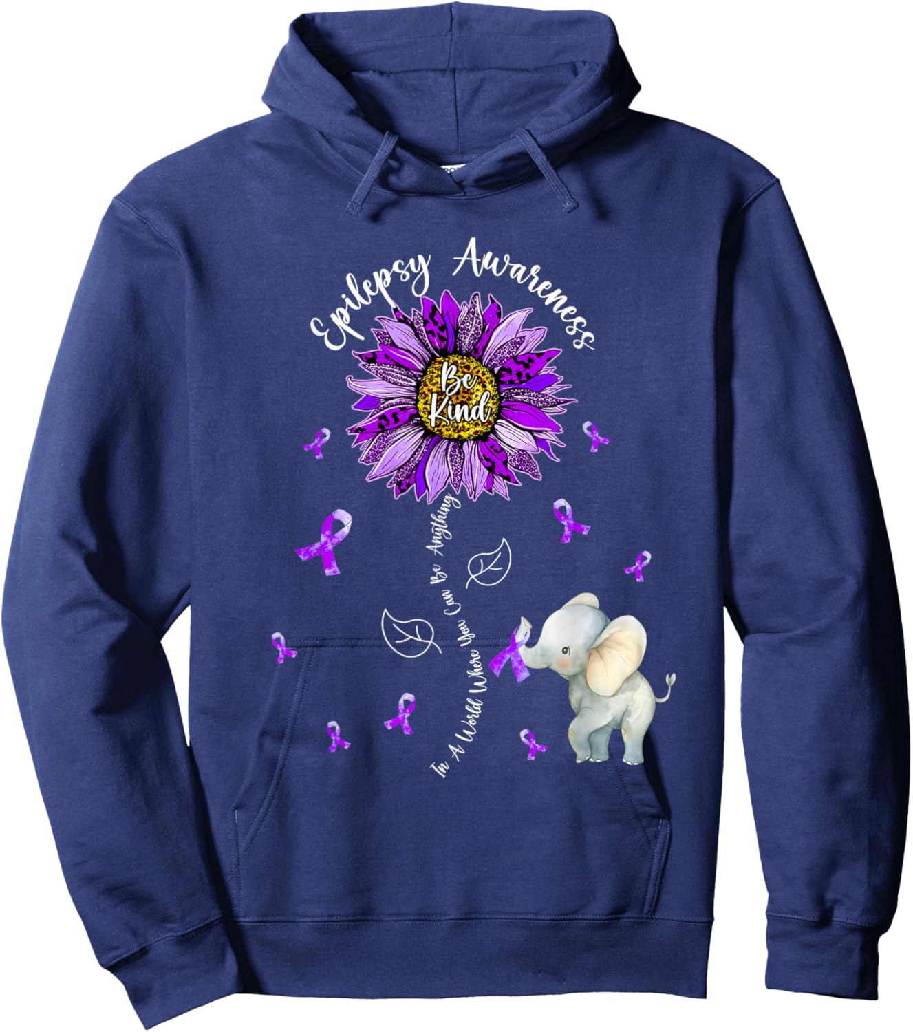 Be Kind Elephant Purple Sunflower Epilepsy Awareness Hoodie - Hoodie | Navy