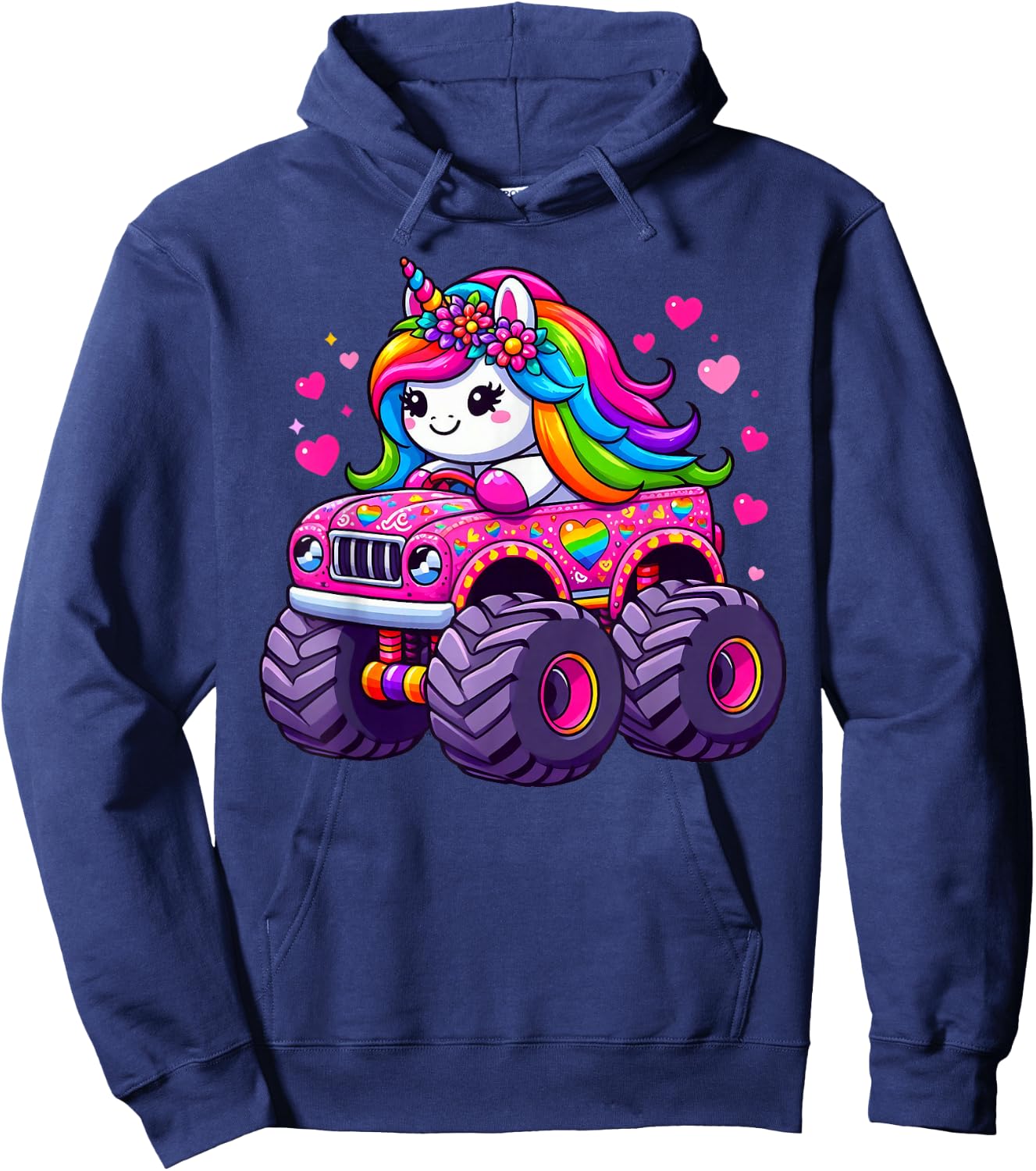 Cute Unicorn Riding A Pink Monster Truck Lovers Girls Hoodie - Hoodie | Navy