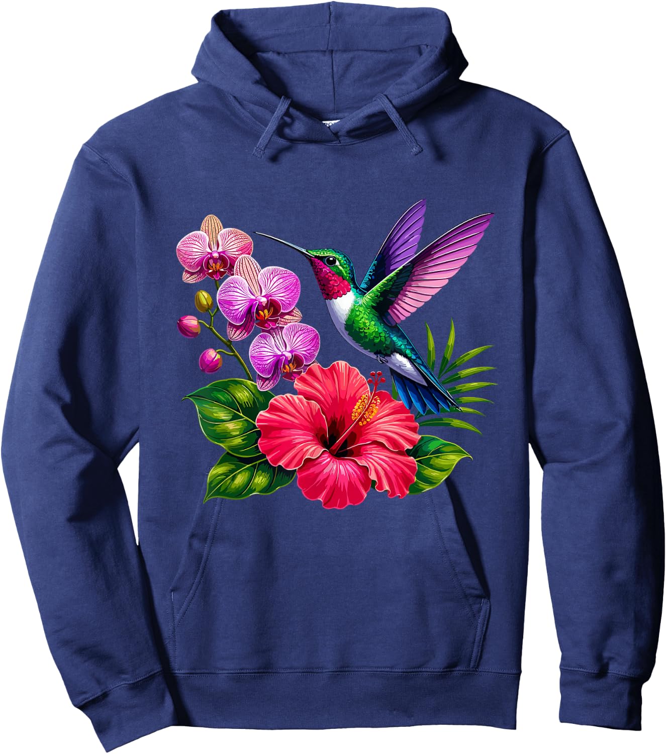 Hummingbird with Hibiscus and Orchid Flowers Hoodie - Hoodie | Navy