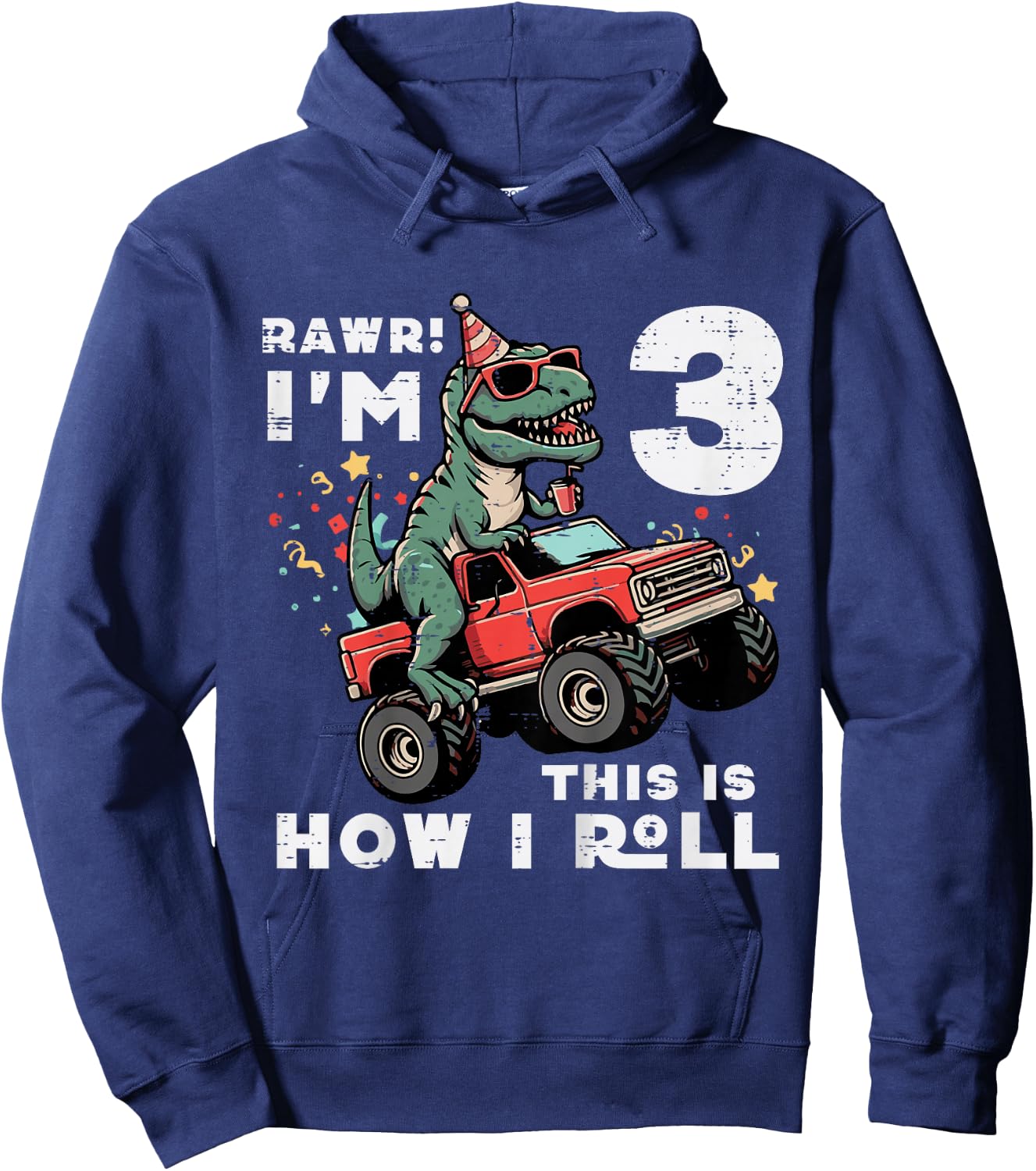 Kids Rawr Im 3 Dino This How I Roll 3rd Birthday Trex Bday Boys Hoodie - Hoodie | Navy