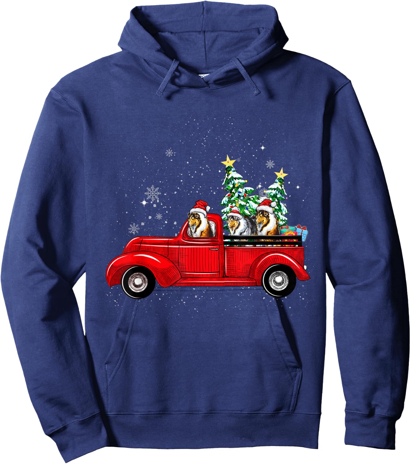 Rough Collie Dog Driving Xmas Truck Christmas Tree Lights Women Kids Hoodie - Hoodie | Navy