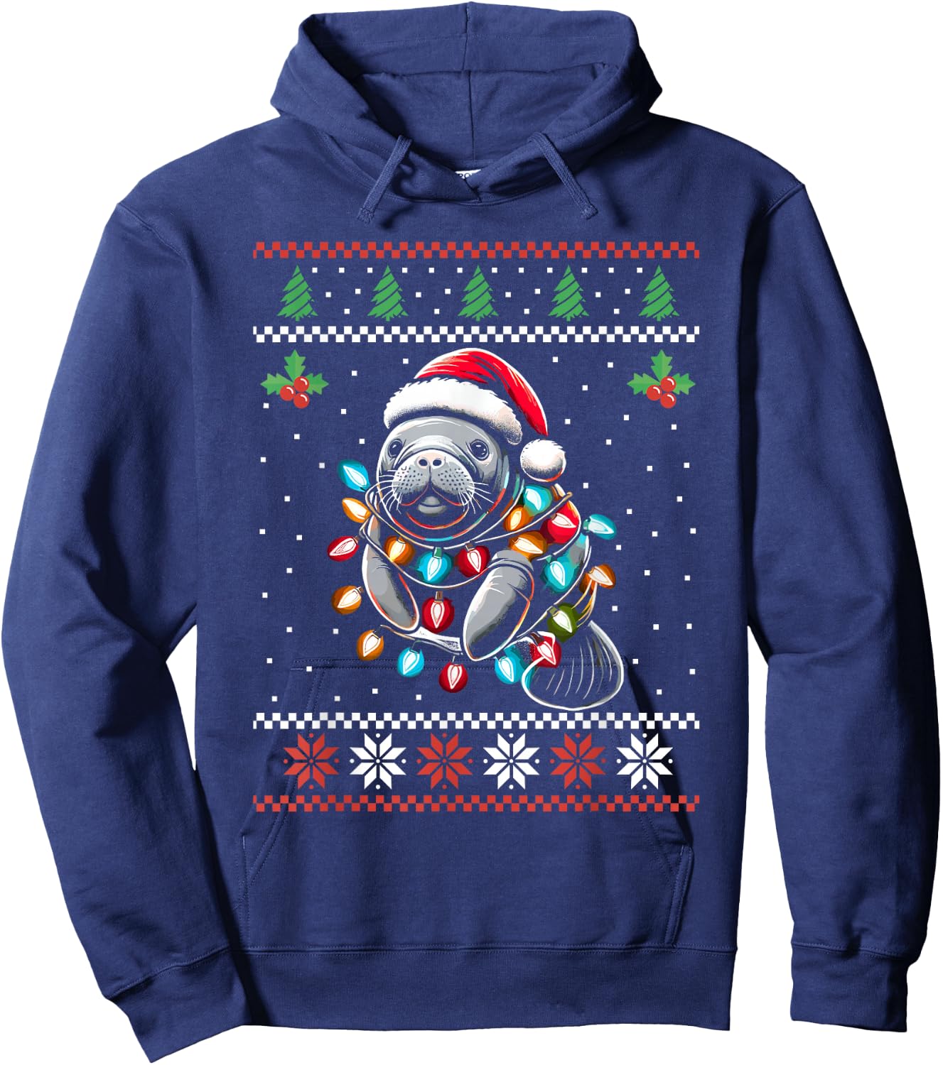 Manatee Santa Hat Ugly Christmas Sweater Xmas Hoodie - Hoodie | Navy