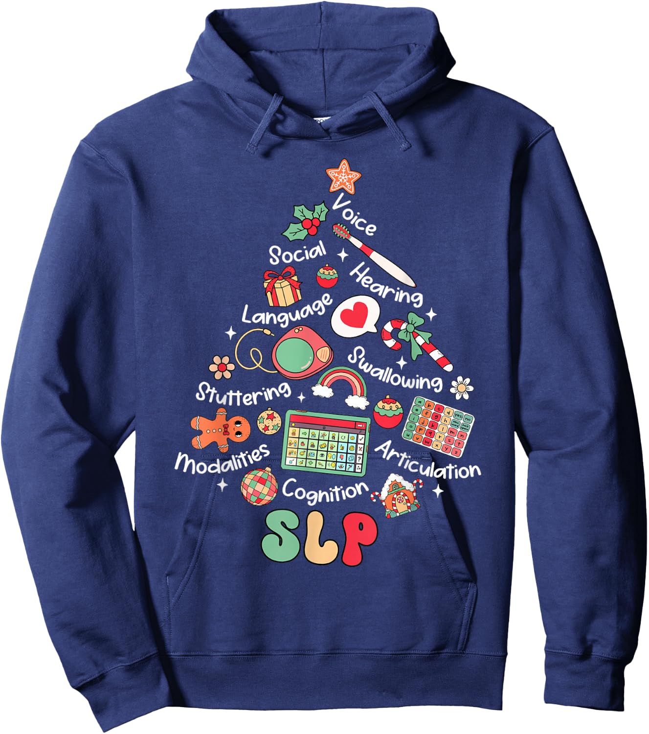 Speech Therapy Christmas Tree Merry Xmas SLP Therapist Funny Hoodie - Hoodie | Navy