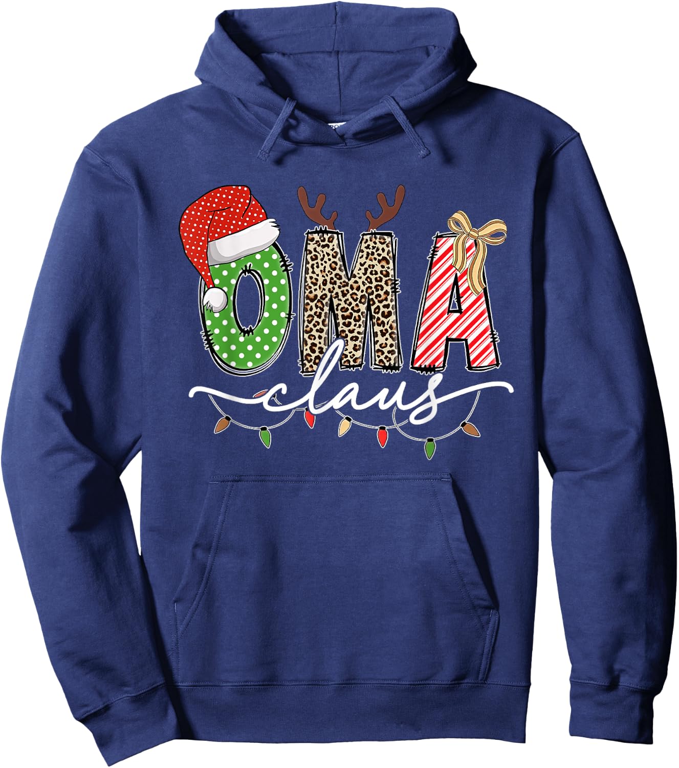 Oma Claus Christmas Lights And Reindeer Santa Hat Grandma Hoodie - Hoodie | Navy