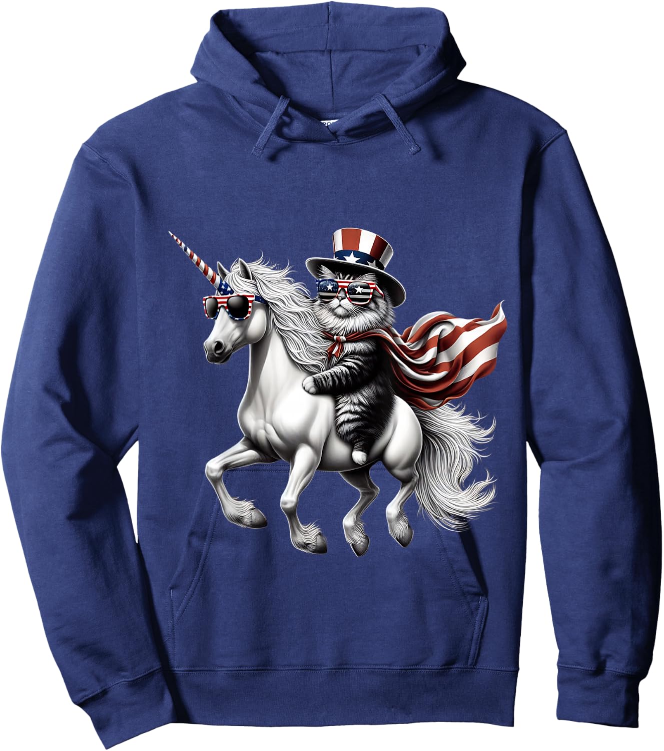 Cat riding Unicorn usa flag Patriotic 4th of July Hoodie - Hoodie | Navy