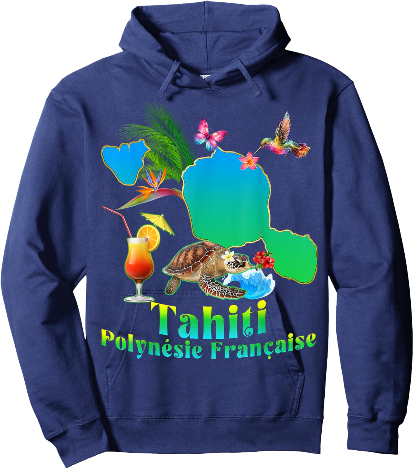 Tahiti French Polynesia Cocktail Pineapple Hummingbird Turtle , Black Hoodie - Hoodie | Navy