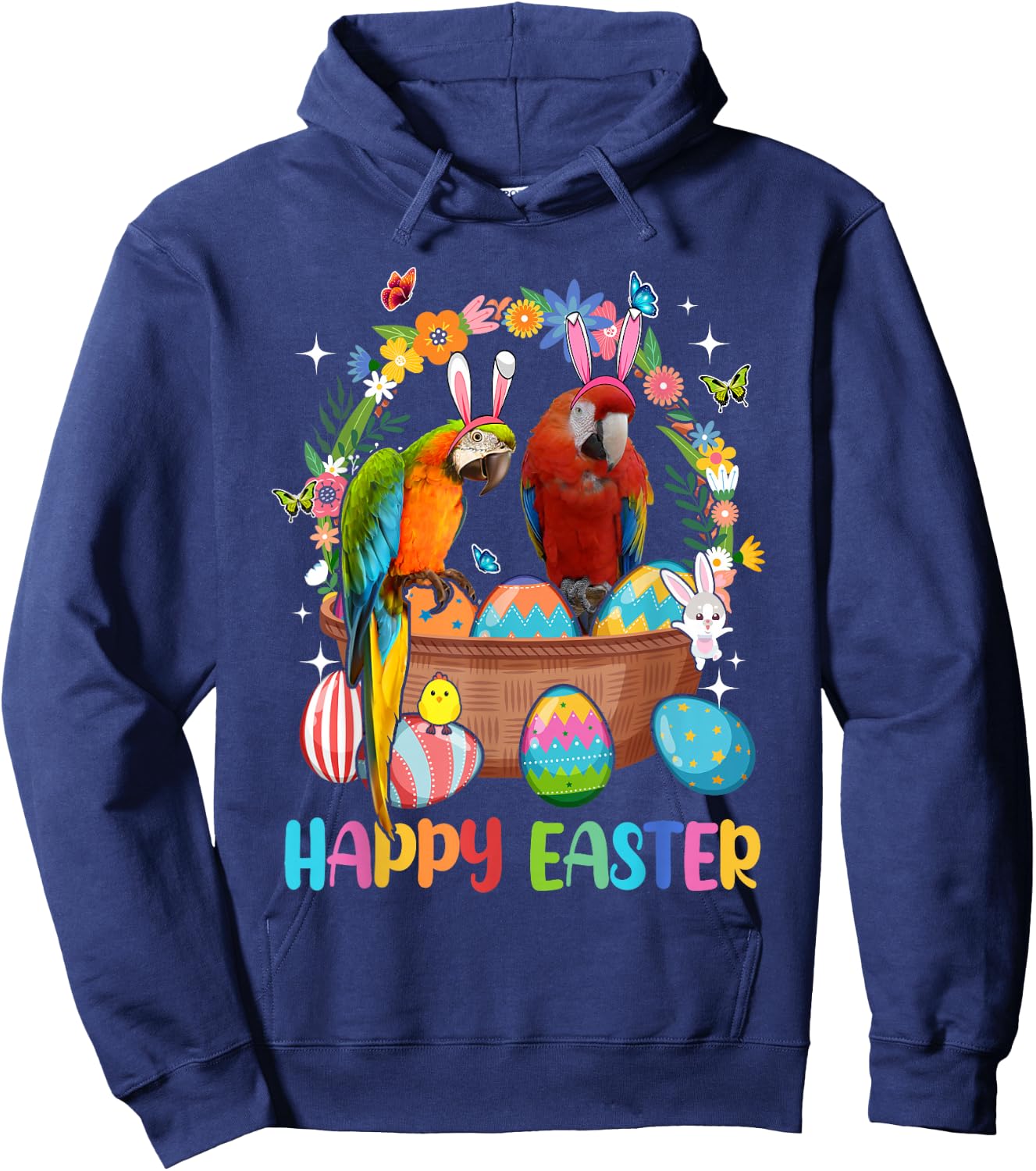 Happy Easter Three Cute Bunny Parrots In Eggs Basket Lover Hoodie - Hoodie | Navy