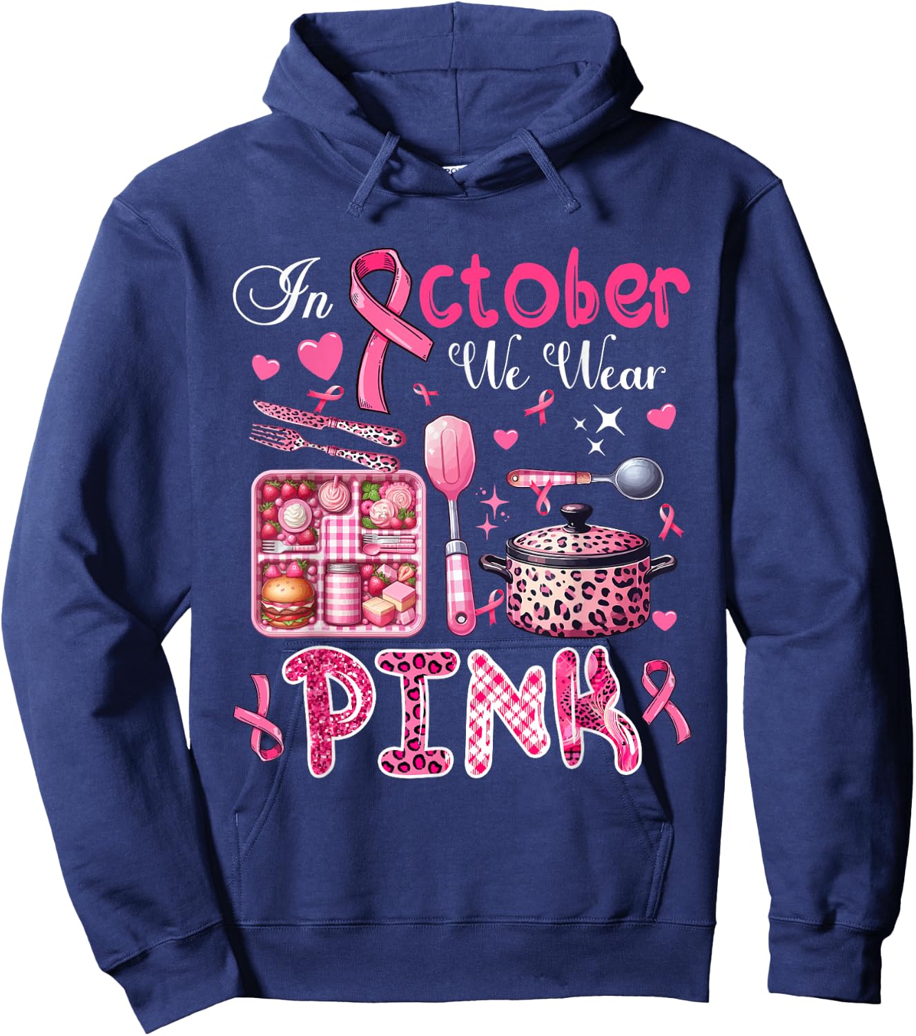 In October We Wear Pink Breast Cancer Awareness Lunch Lady Hoodie - Hoodie | Navy