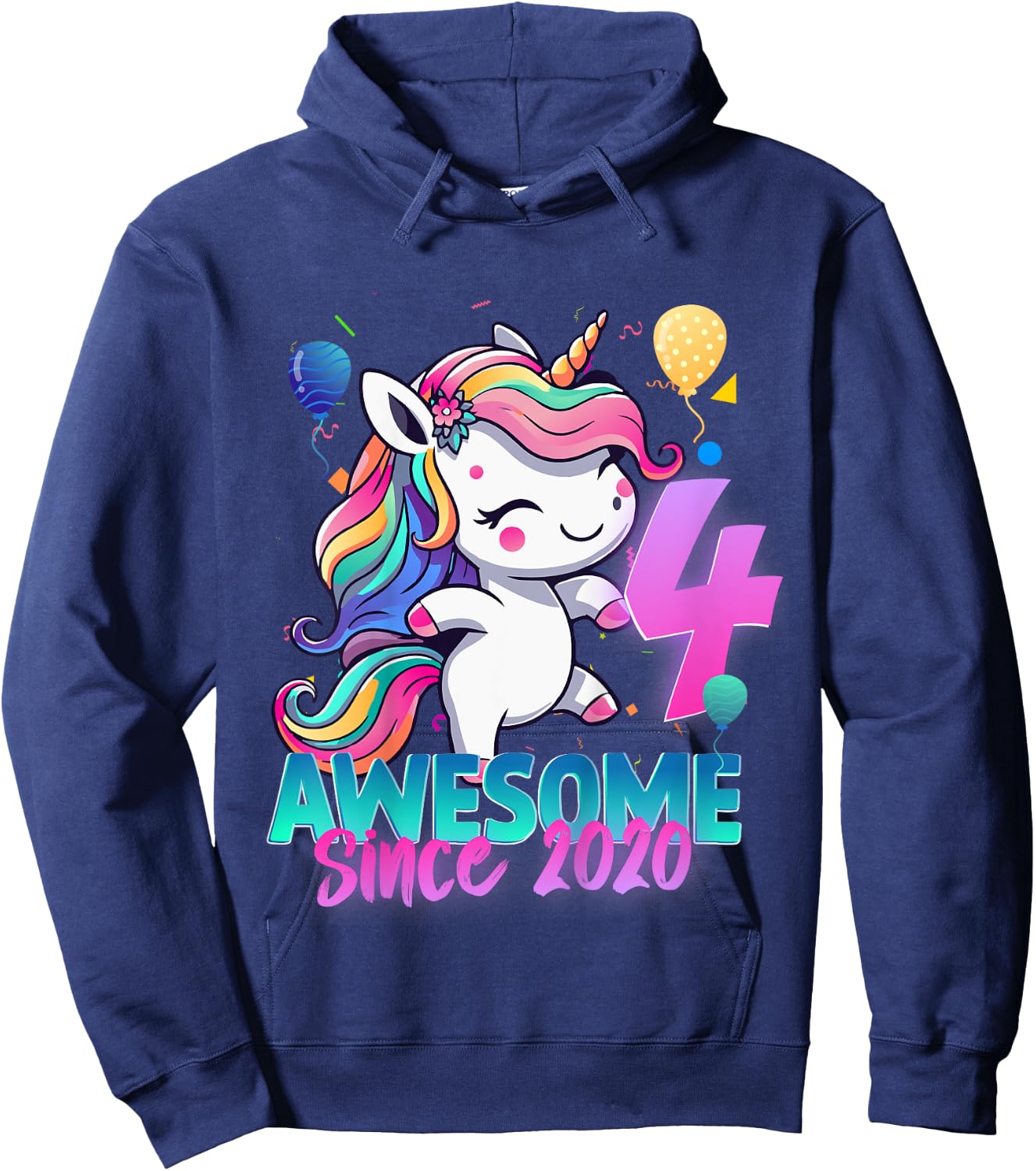 Kids 4th Birthday Girl Awesome Since 2020 4 Years Old Unicorn Hoodie - Hoodie | Navy