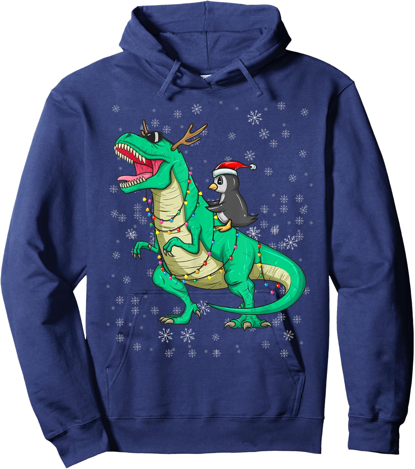 Christmas Penguin Riding Dinosaur T Rex Holiday Costume Fun Hoodie - Hoodie | Navy
