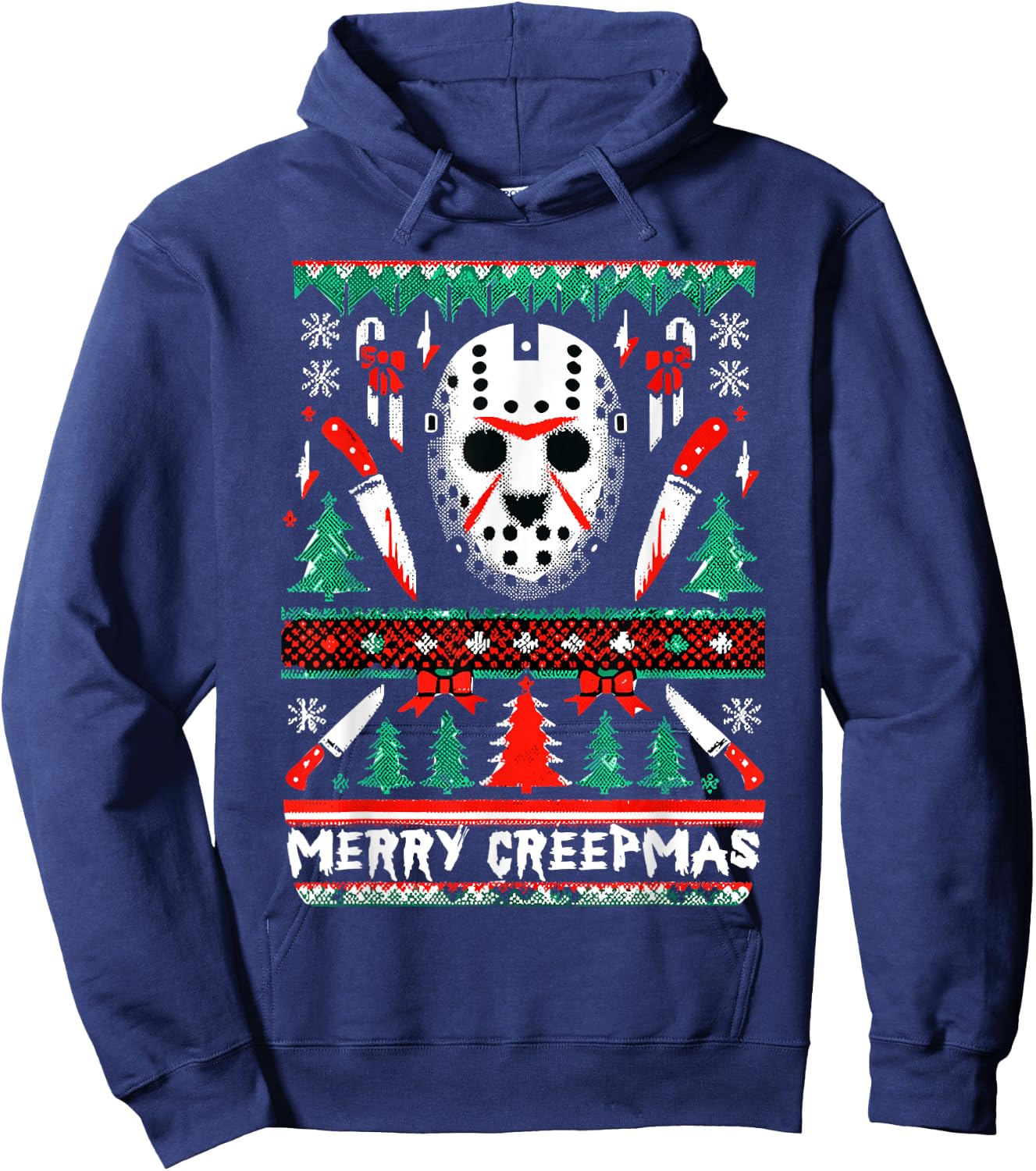 Merry Creepmas Festive Slasher Ugly Christmas Hoodie - Hoodie | Navy