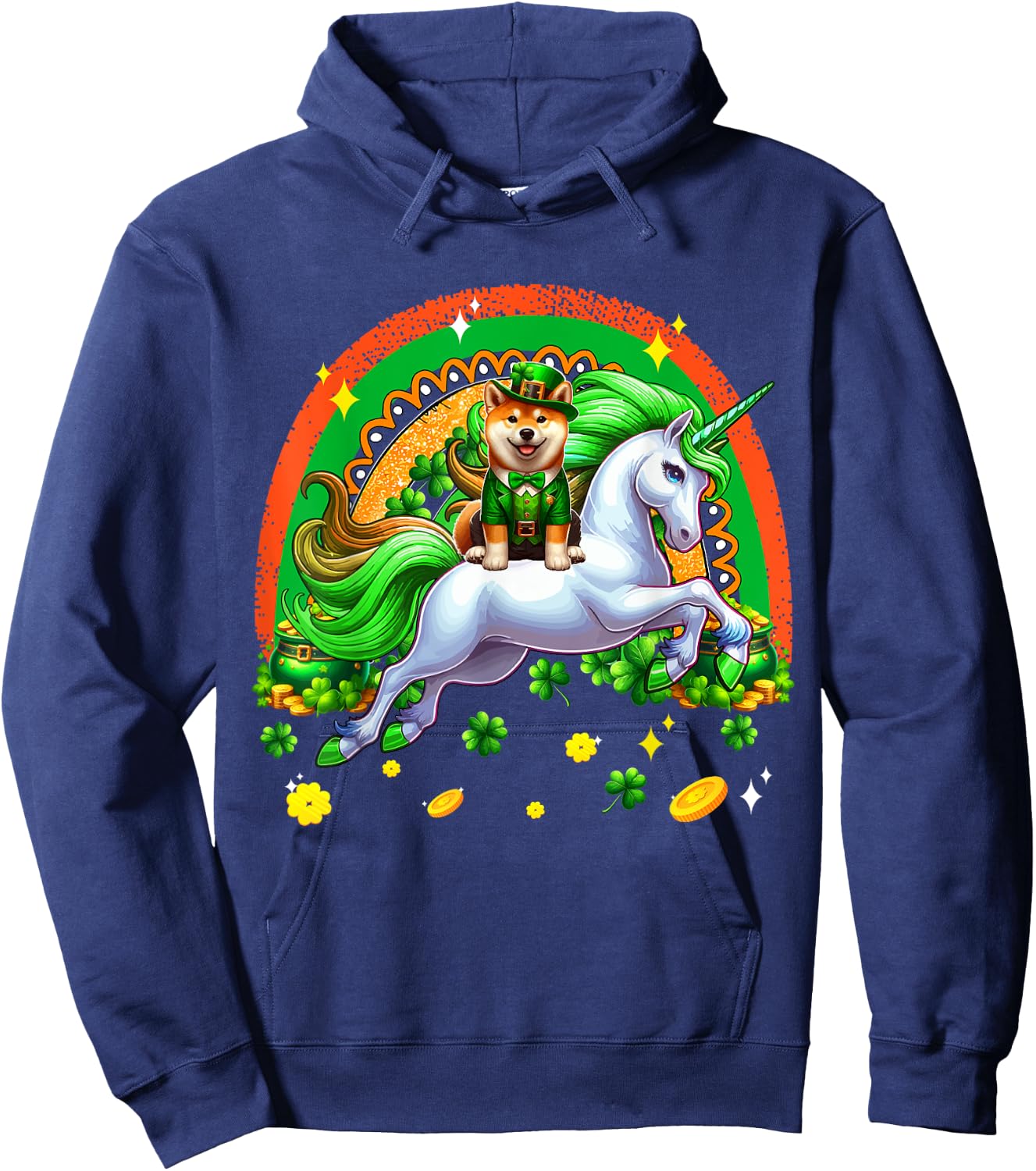 Patrick's Day Shiba Inu Riding Unicorn Shamrocks Rainbow Hoodie - Hoodie | Navy