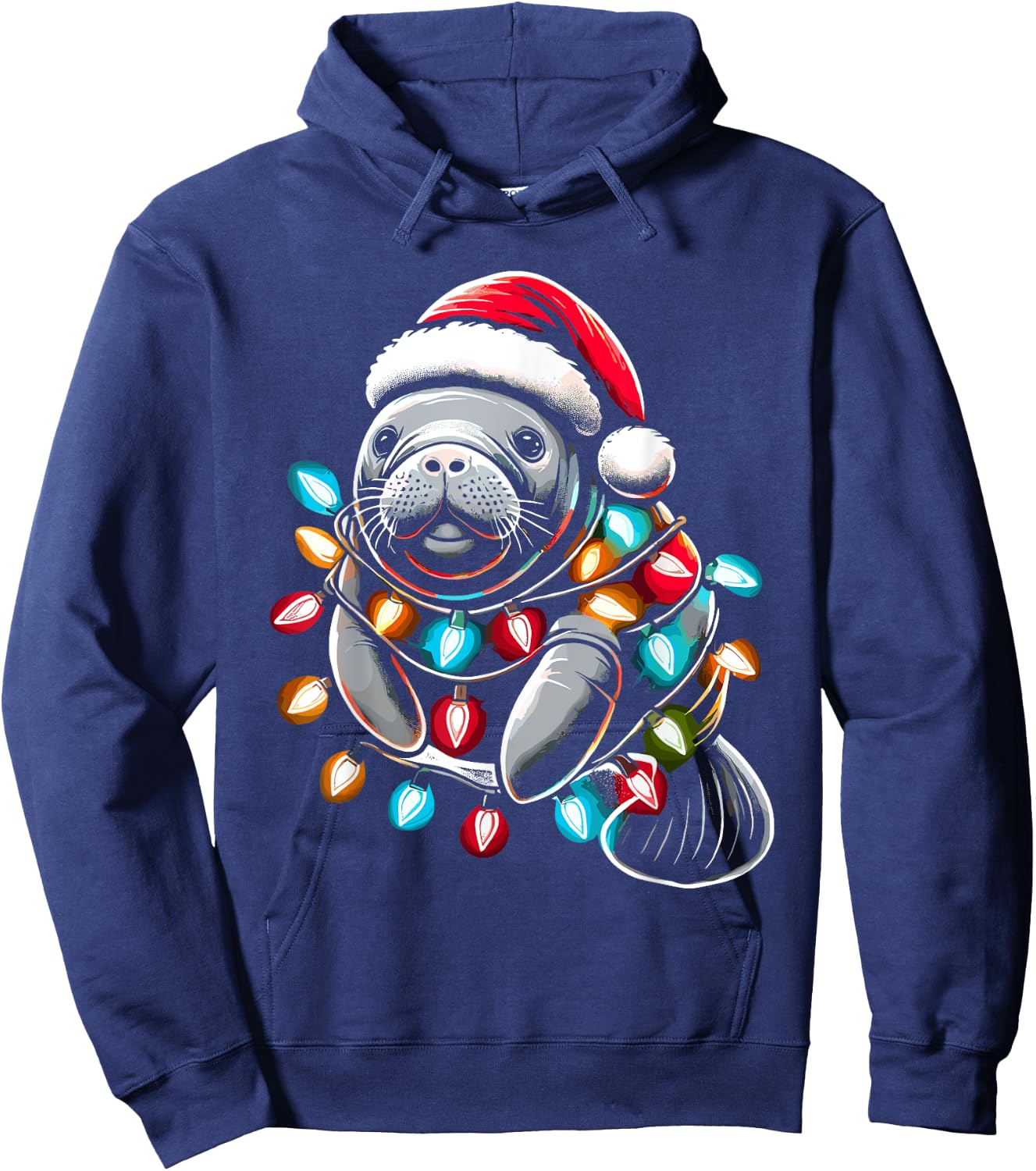 Manatee Santa Hat Christmas Lights Pajama Funny Xmas Hoodie - Hoodie | Navy
