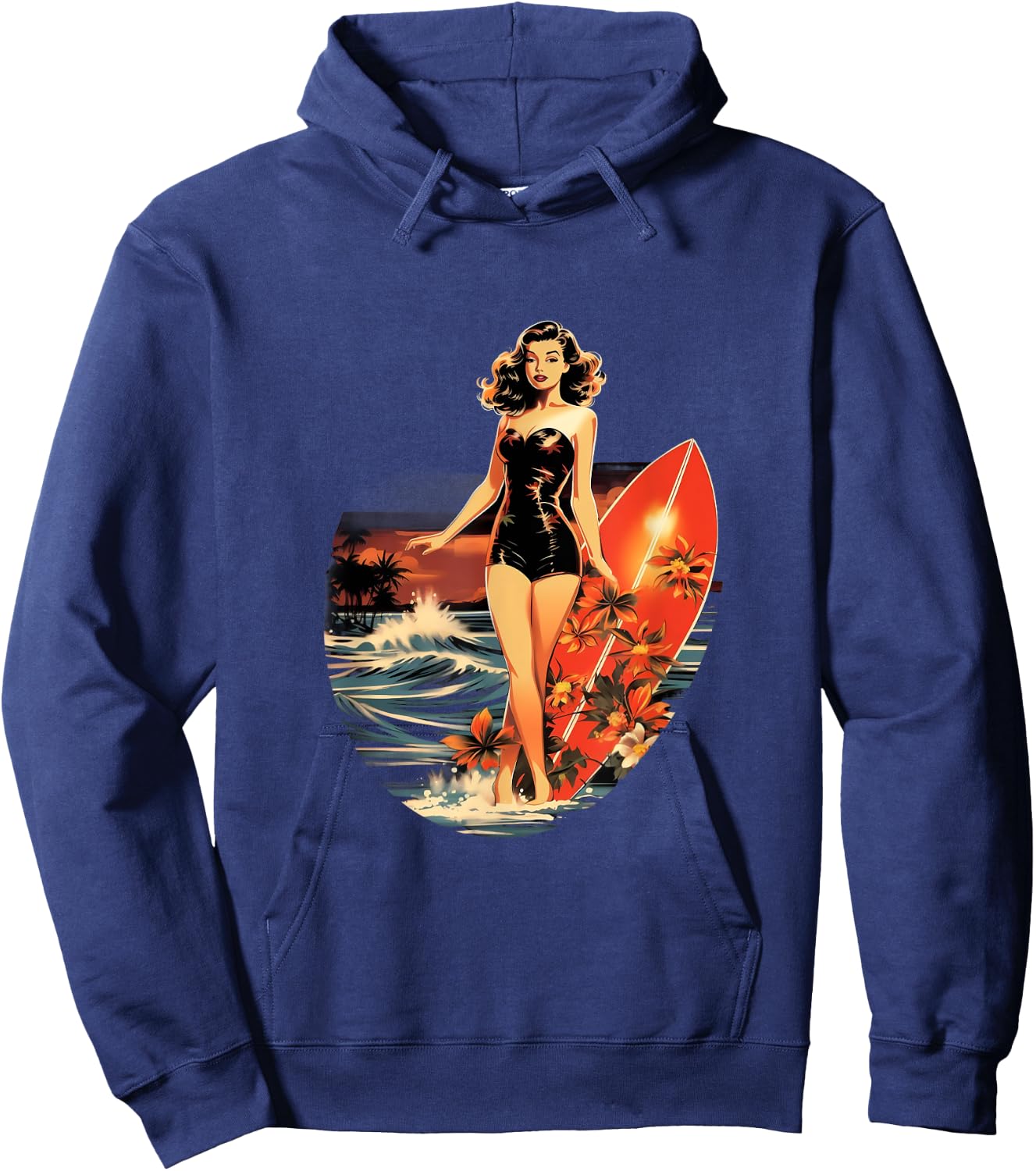 Pinup Girl Surfer Surfboarding Vintage Hoodie - Hoodie | Navy