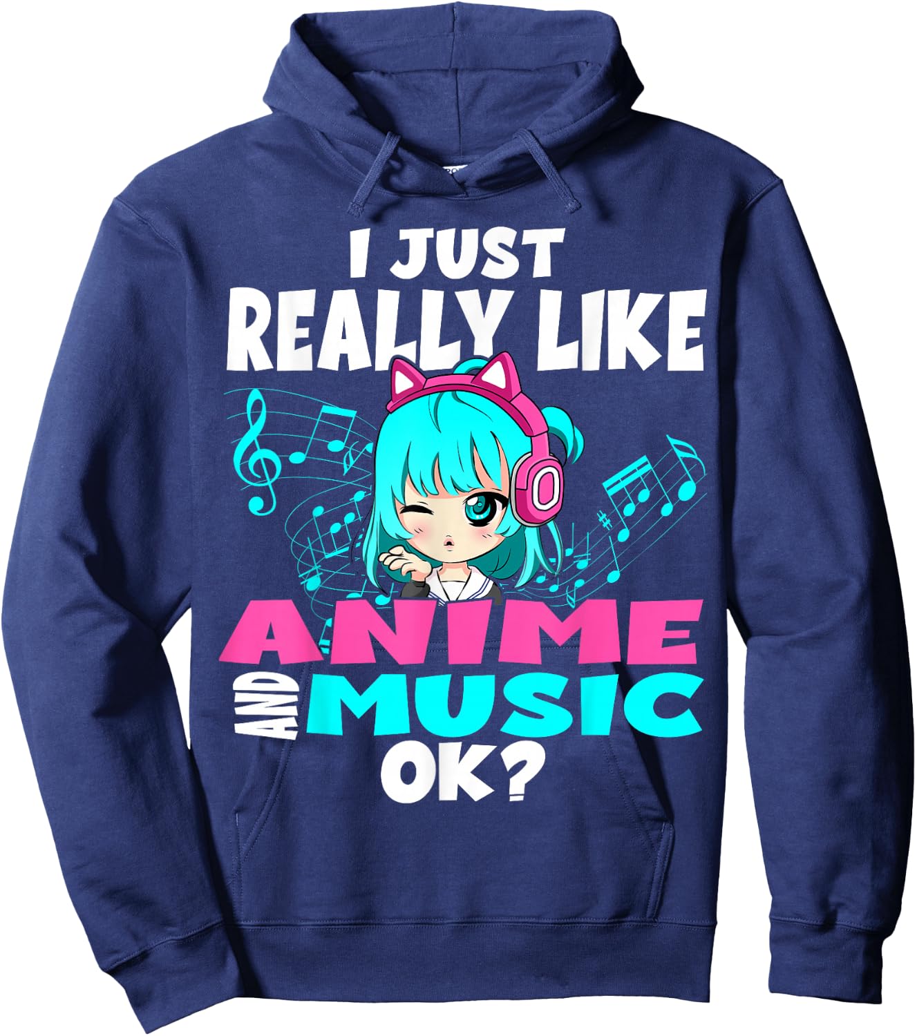 Anime and Music Kawaii Chibi Graphic Teen Anime Girl Hoodie - Hoodie | Navy