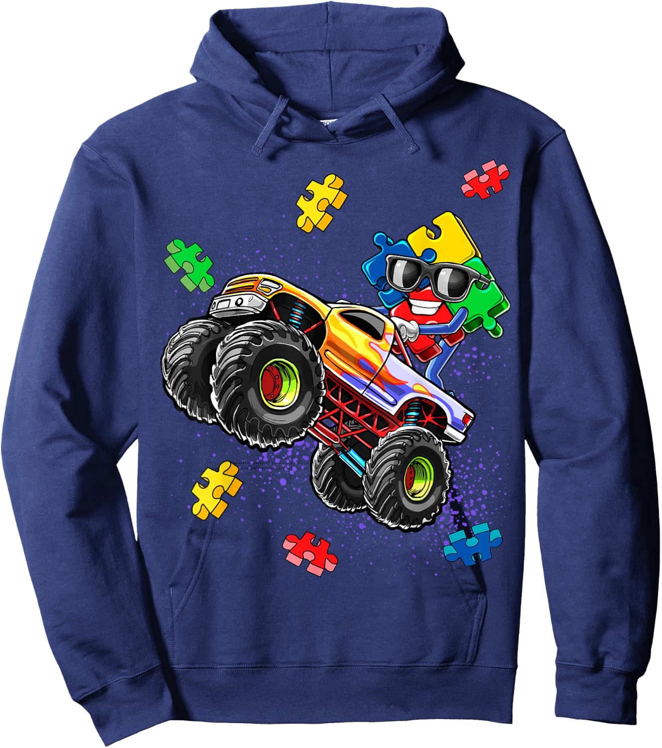 Monster Truck Autism Awareness Puzzle Piece Gift Boys Hoodie - Hoodie | Navy