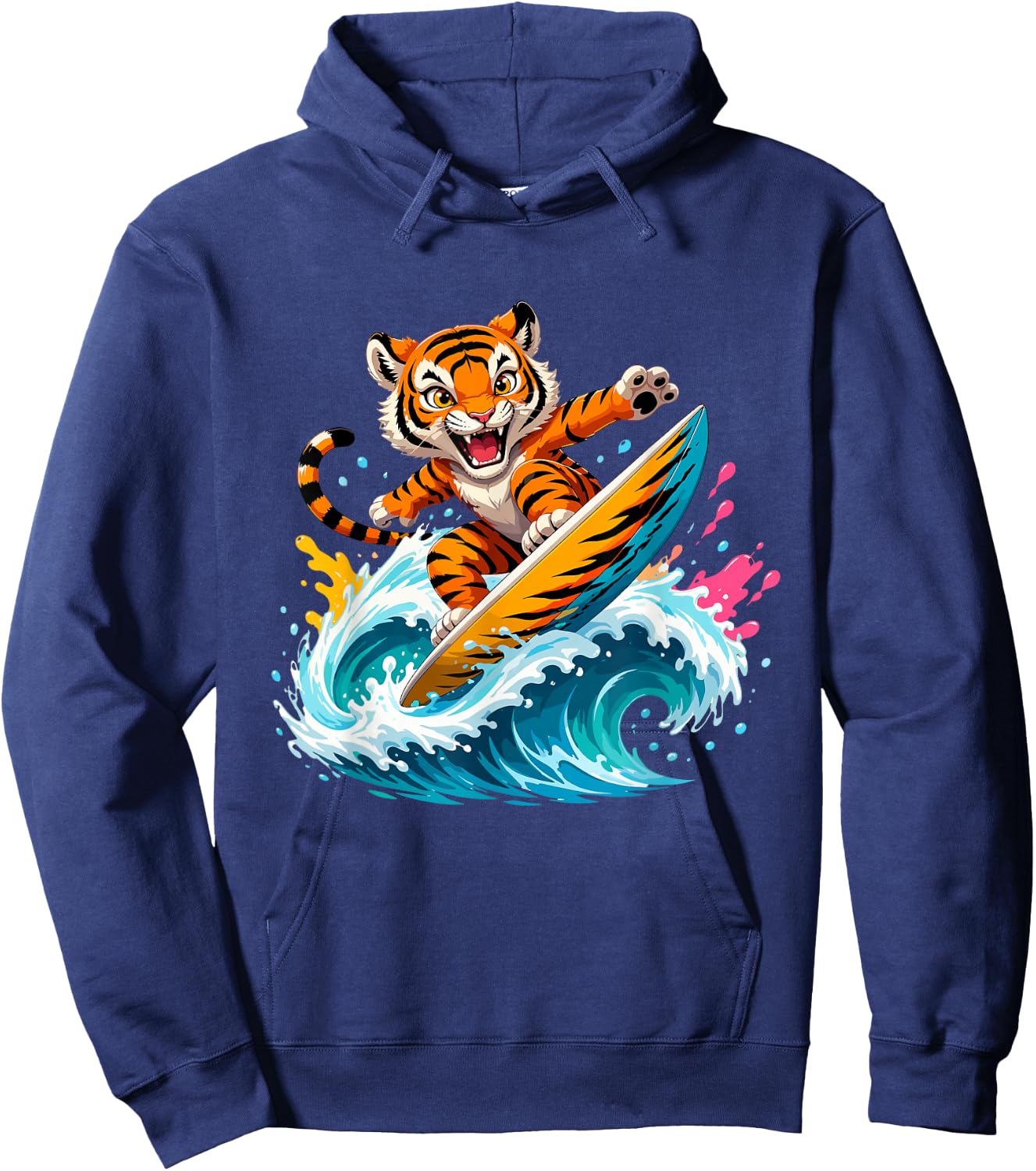 Cartoon Tiger Surfer Riding Big Ocean Wave Hoodie - Hoodie | Navy
