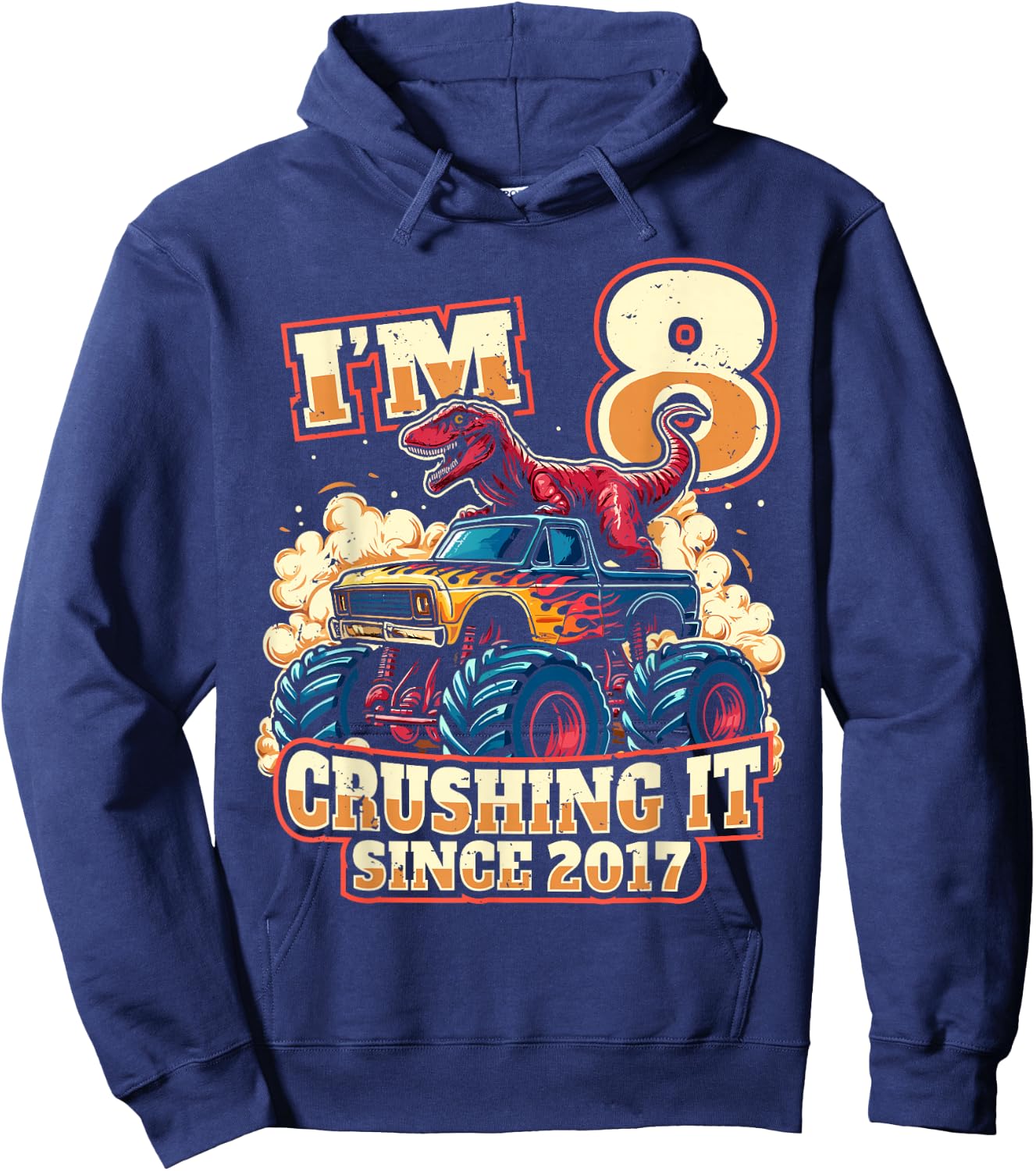 8 Year Old Boys 8th Birthday Dinosaur Monster Truck Party Hoodie - Hoodie | Navy