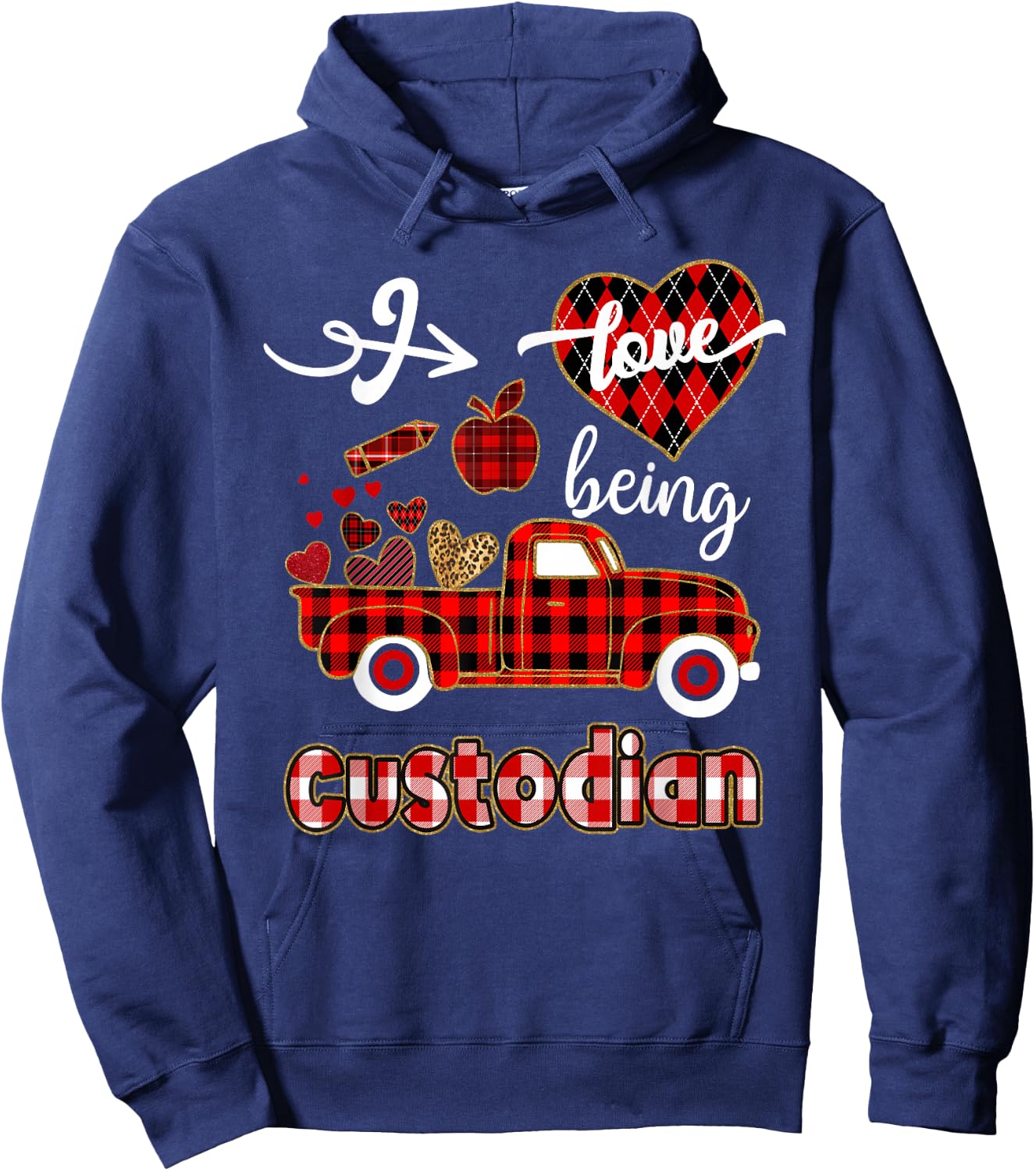 I Love Being Custodian Plaid Truck Hearts Valentine's Day Hoodie - Hoodie | Navy