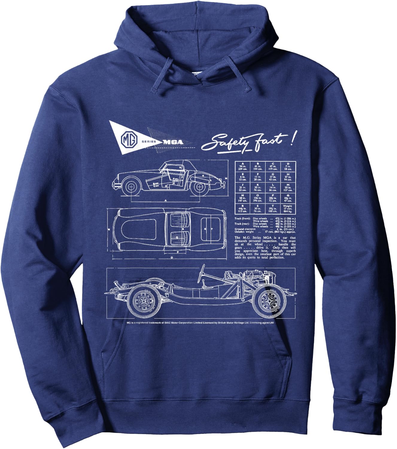 BMH MG MGA Retro Sports Car Technical Drawing Hoodie - Hoodie | Navy
