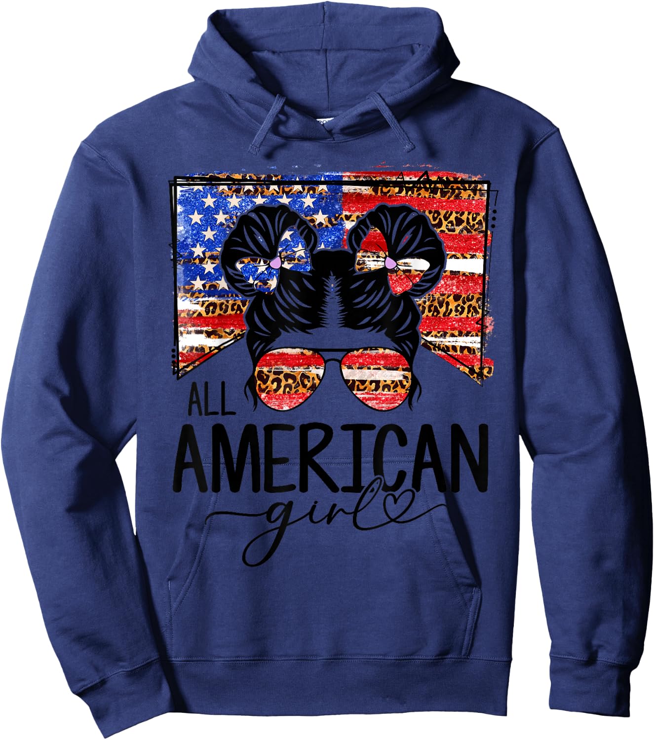 All American Girls 4th of July Messy Bun Leopard Patriotic Hoodie - Hoodie | Navy