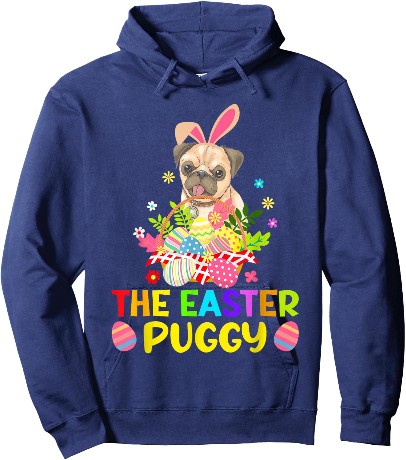 Funny Easter Pug Bunny Ear Eggs Basket Dogs Kids Hoodie - Hoodie | Navy