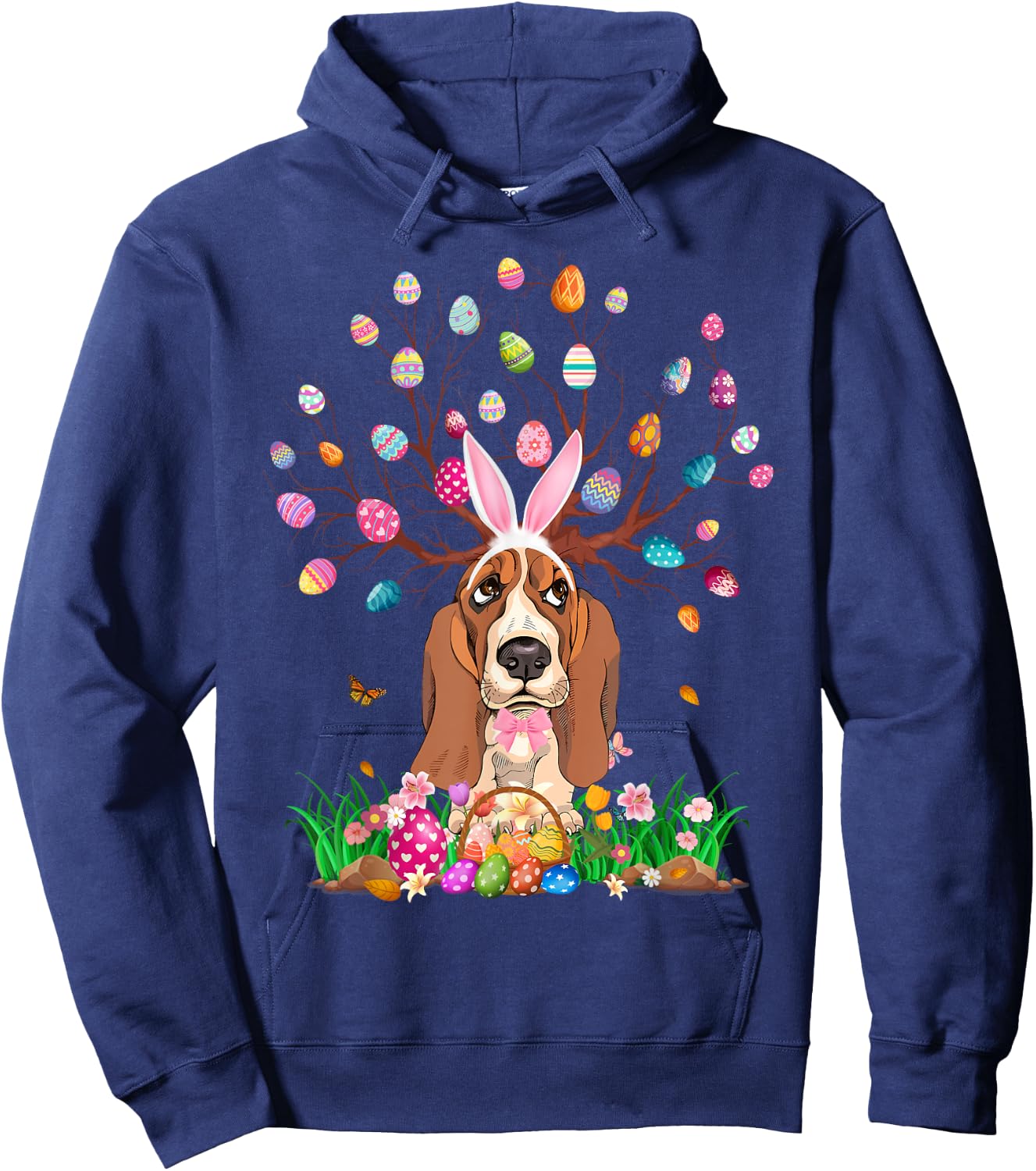 Basset Hound Dog With Bunny Ears Easter Egg Tree Easter Day Hoodie - Hoodie | Navy