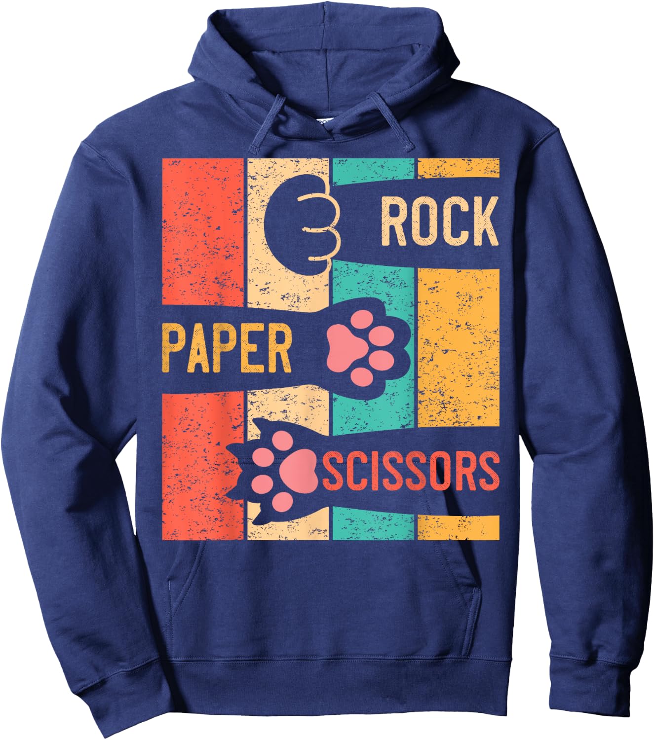 Cute Cat Paw Rock Paper Scissors Hand Game Vintage Men Women Girls Kids Hoodie - Hoodie | Navy