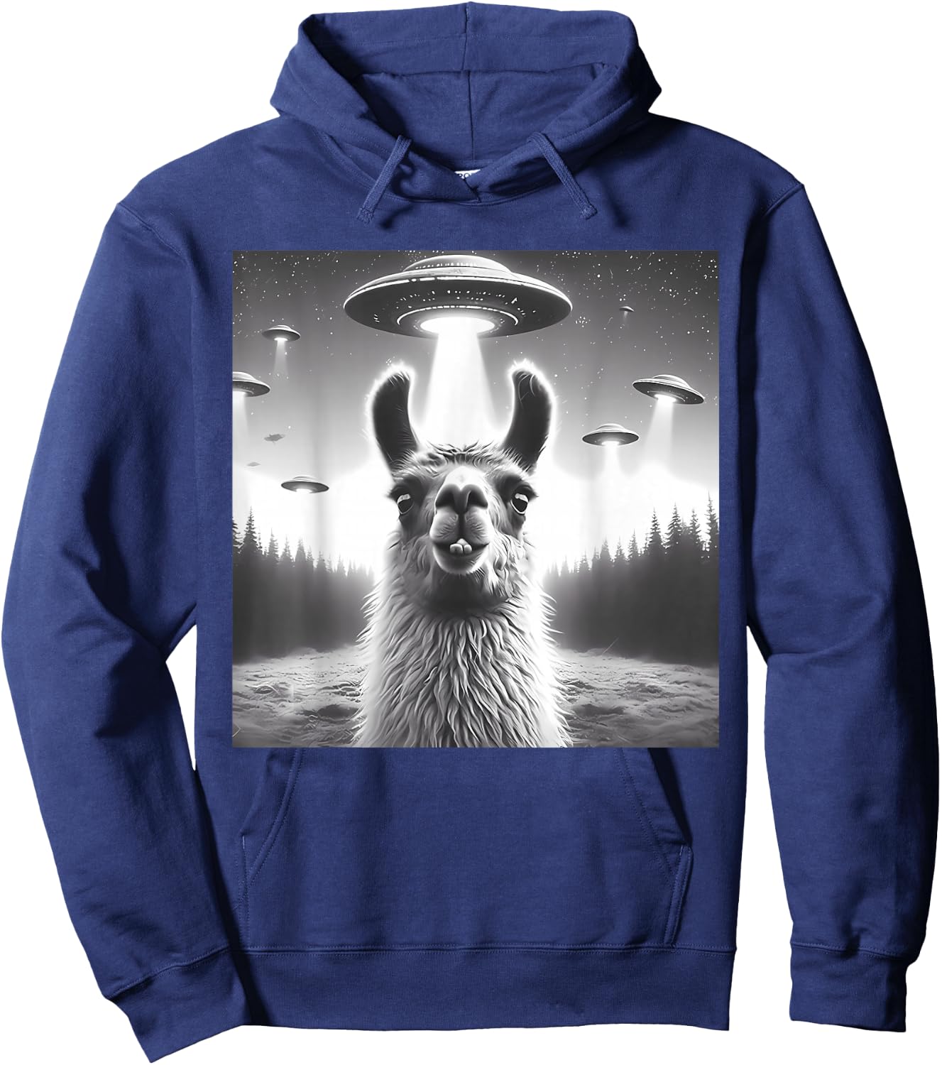 Funny Llama Selfie UFO Alien Alpaca Humor Vintage Print Art Hoodie - Hoodie | Navy