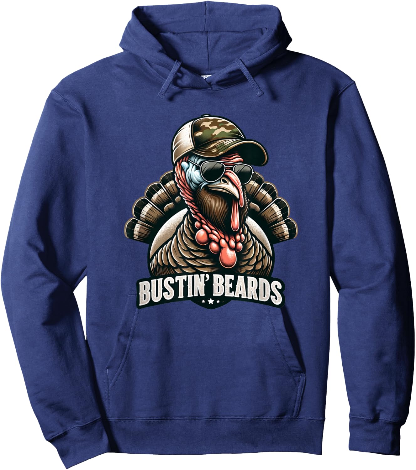 Bustin' Beards Turkey Hunting Tom With Camo Hat & Sunglasses Hoodie - Hoodie | Navy