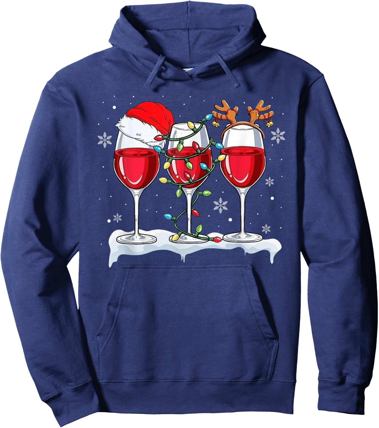 Three Wine Glasses Santa Hat Christmas Cute Wine Lover Xmas Hoodie - Hoodie | Navy