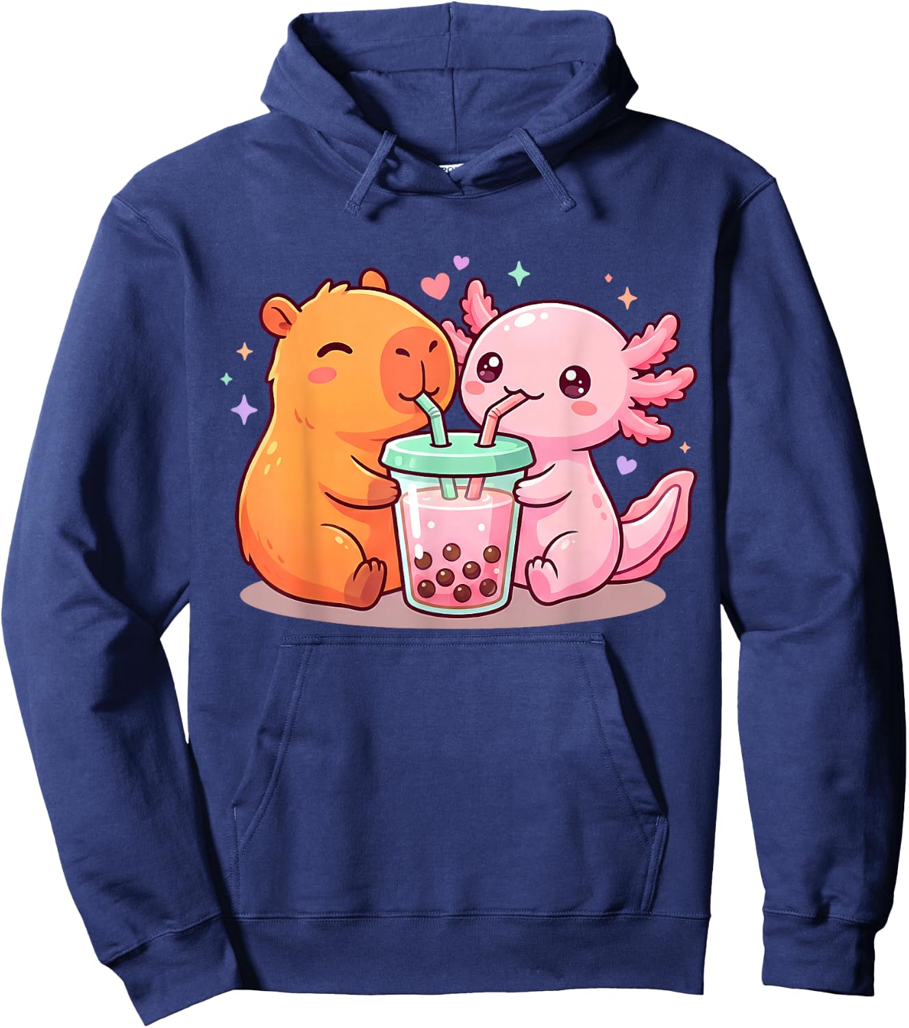 Cute Capybara and Axolotl Bubble Tea Boba Girls Kawaii Anime Hoodie - Hoodie | Navy