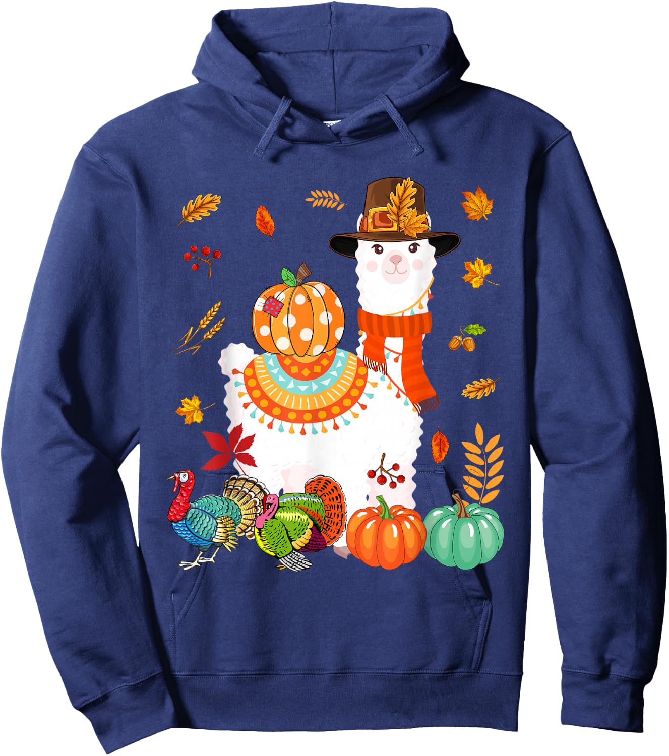 Thanksgiving Llama With Turkey Fall Pumpkins Lover Farmer Hoodie - Hoodie | Navy