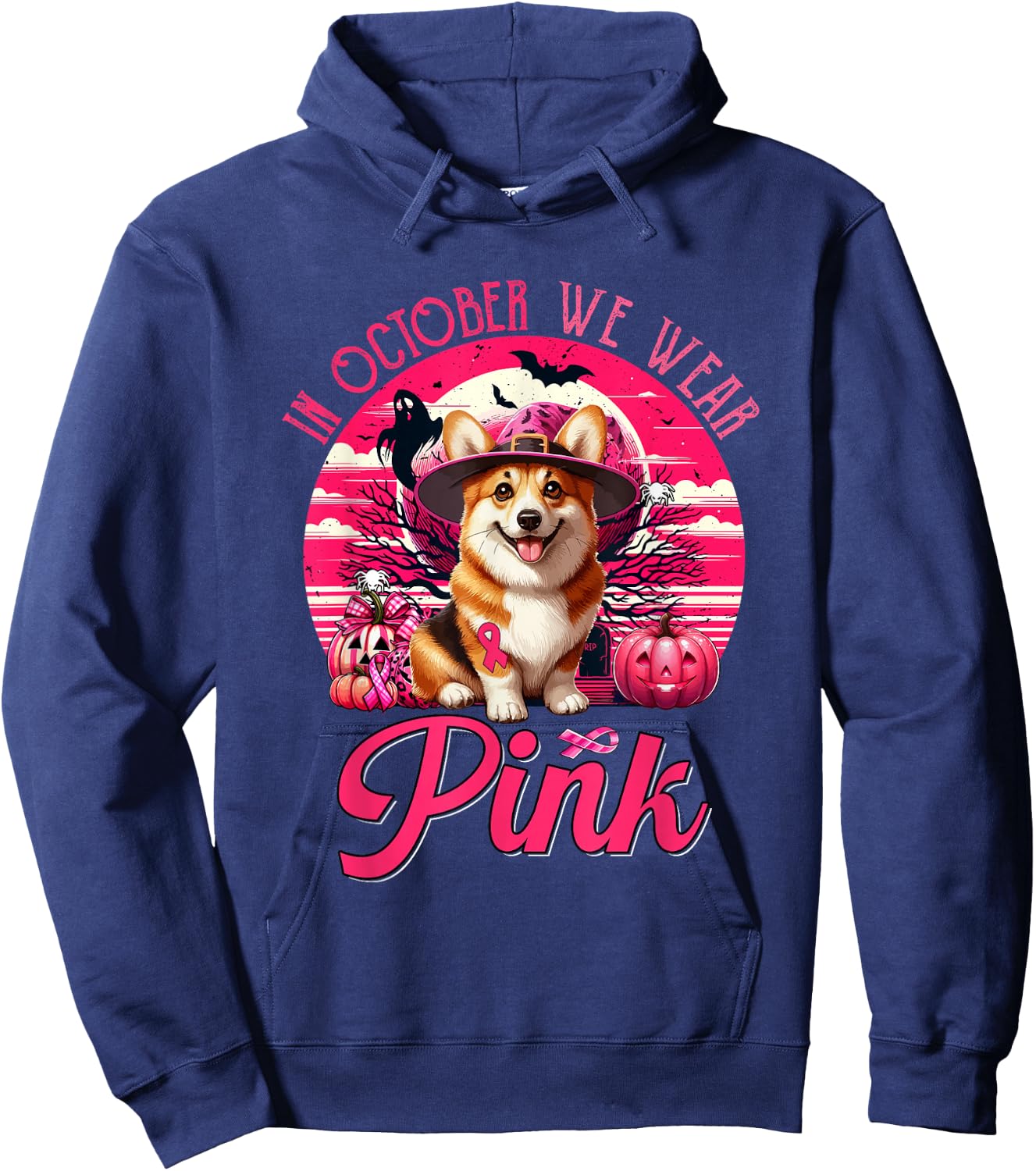 In October We Wear Pink Breast Cancer Awareness Corgi Hoodie - Hoodie | Navy