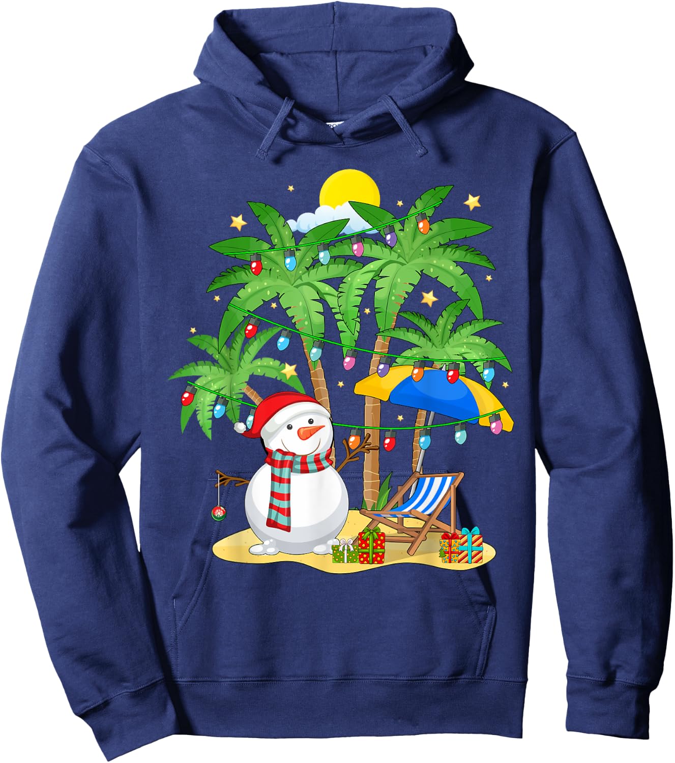 Christmas in July Snowman on Palm Tree Tropical Beach Hoodie - Hoodie | Navy
