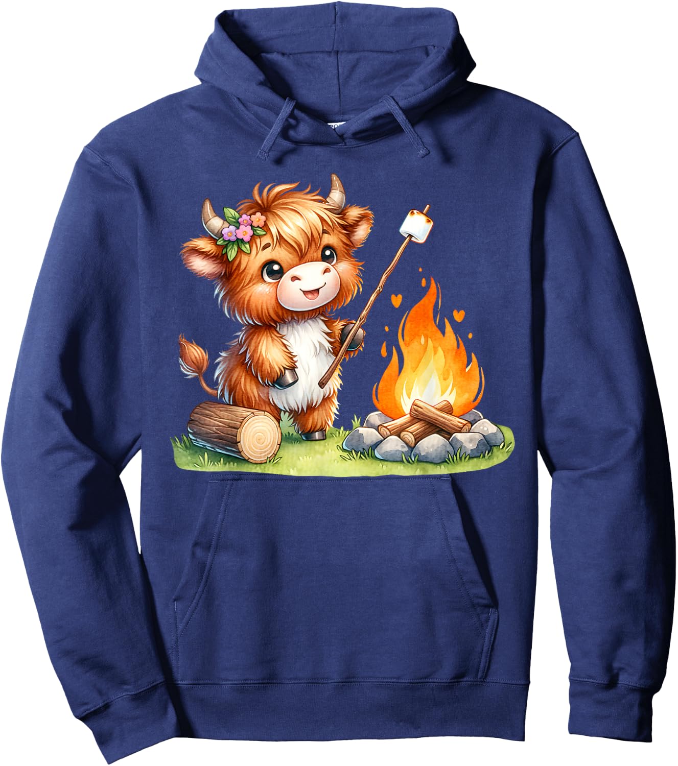Cute Highland Cow Camping Roasting Marshmallows Hoodie - Hoodie | Navy