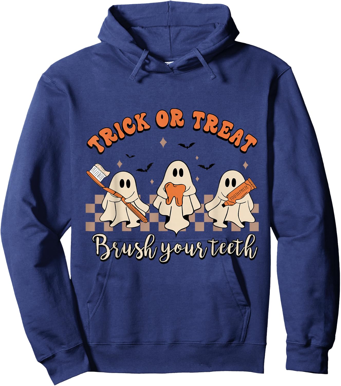 Trick Or Treat Brush Your Teeth Retro Halloween Cute Dentist Hoodie - Hoodie | Navy