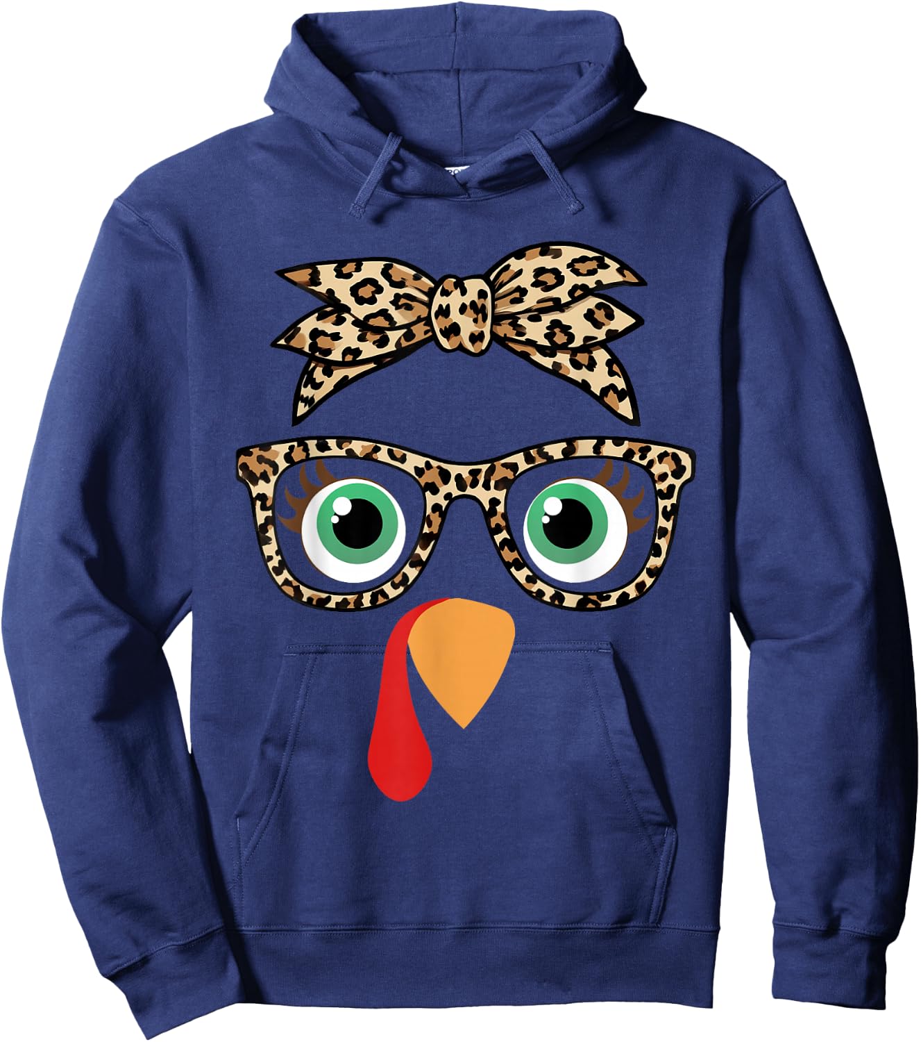 Thanksgiving Turkey Face Girl Leopard Bow And Glasses Women Hoodie - Hoodie | Navy