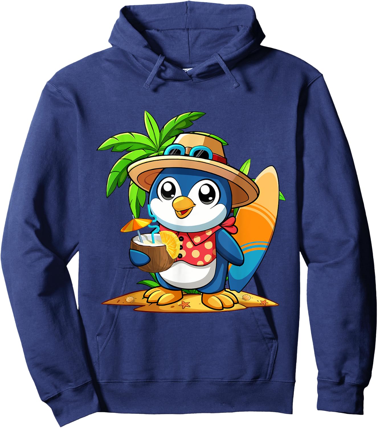 Cute Penguin Drinking Coconut Hawaiian Summer Vacation Men Women Kids Hoodie - Hoodie | Navy