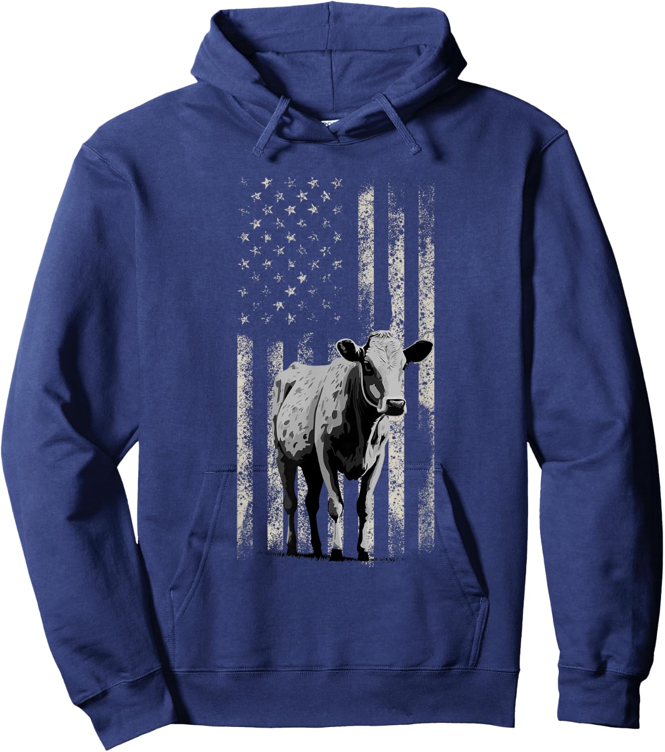 Distressed American-Flag Cow Vintage Patriotic Farmer Hoodie - Hoodie | Navy