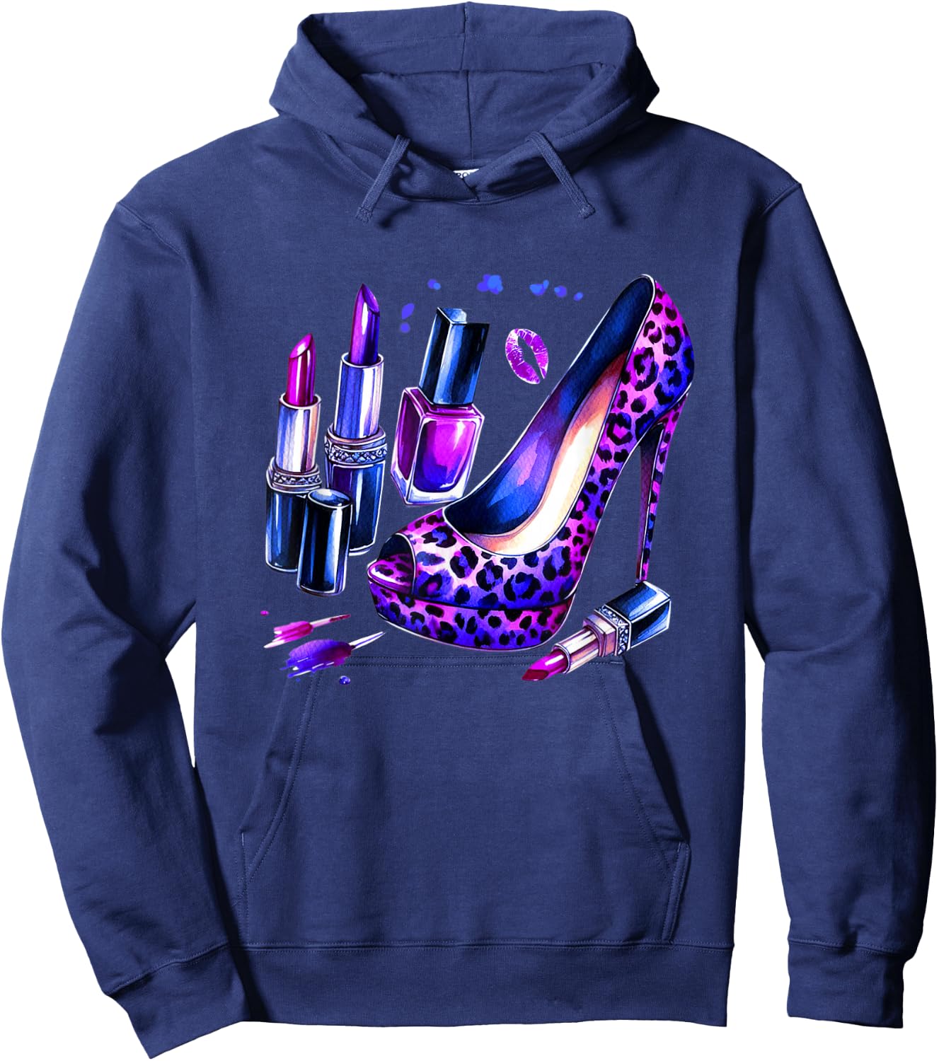 Purple Leopard Pattern High Heel Shoes Lipstick Nail Polish Hoodie - Hoodie | Navy