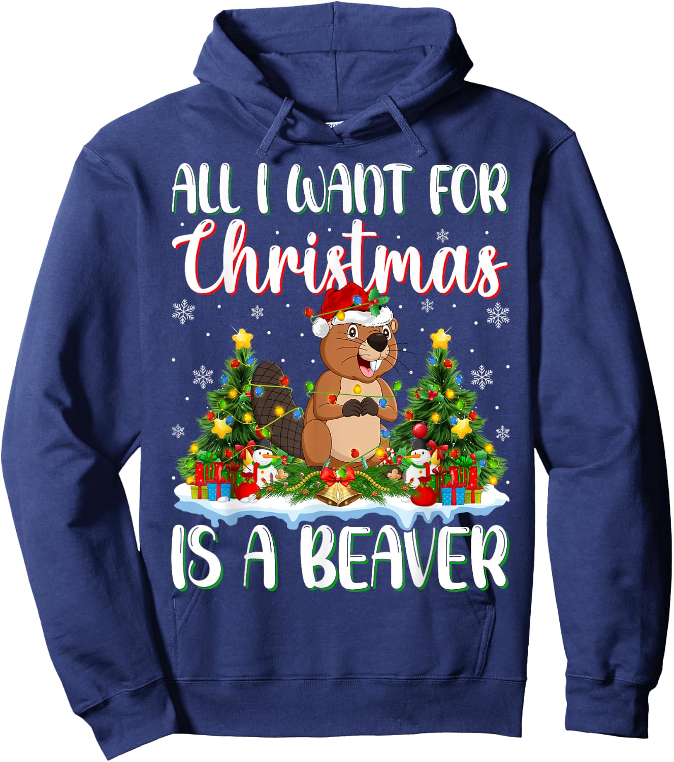 I Want For Christmas Is A Beaver Xmas Tree Lights Hoodie - Hoodie | Navy